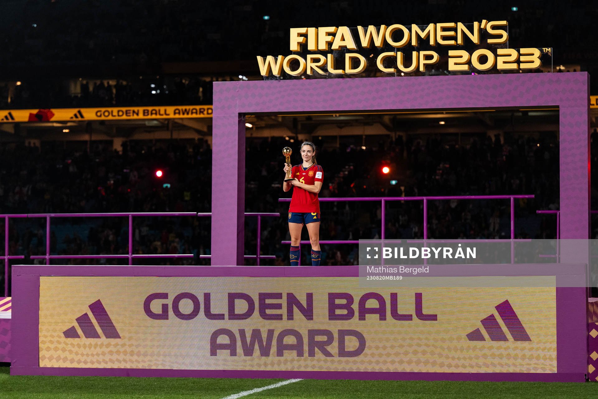 Aitana Bonmati of Spain poses with the Golden Ball Award at