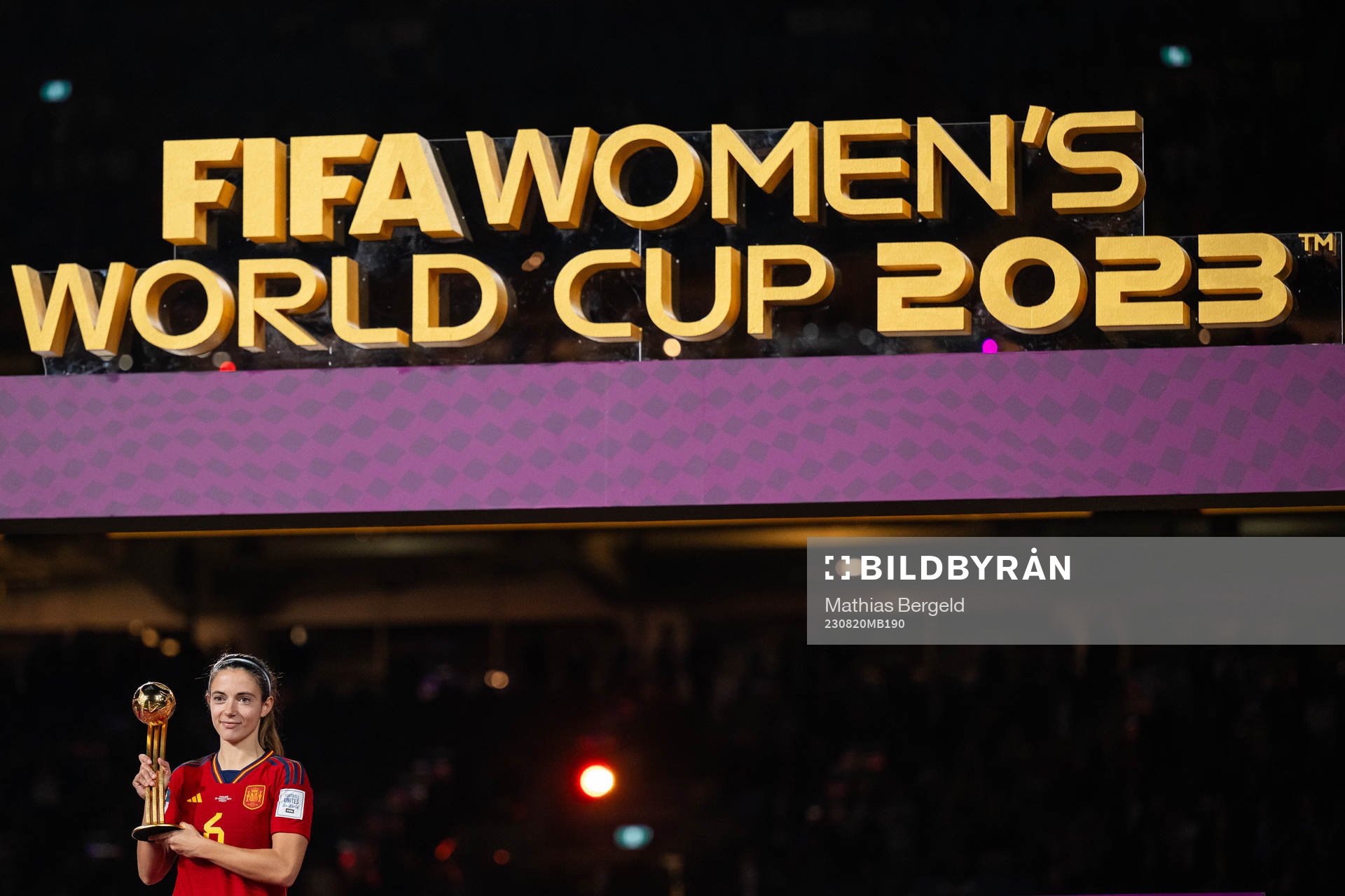 Aitana Bonmati of Spain poses with the Golden Ball Award at