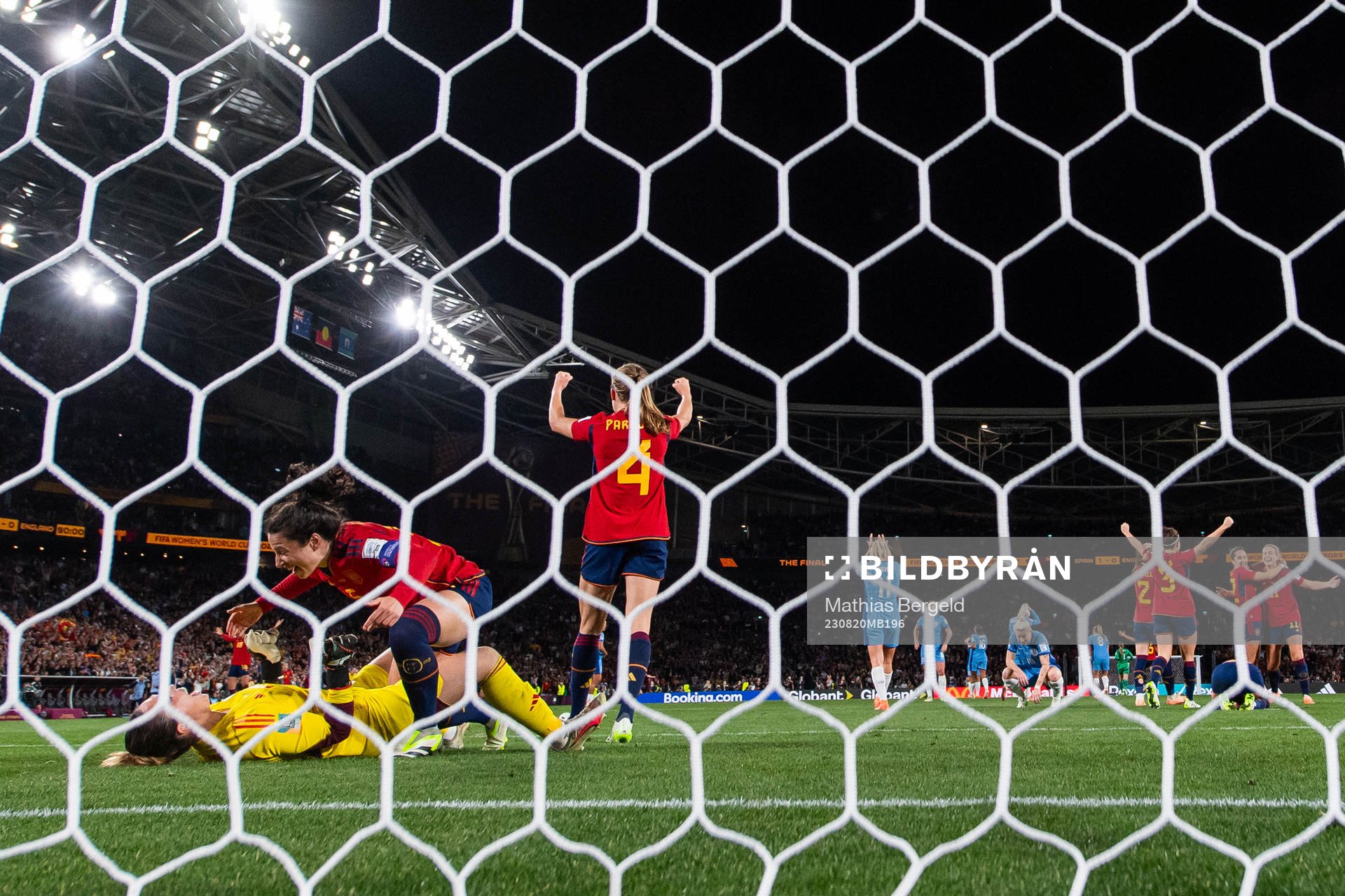 Goalkeeper Cata Coll, Ivana Andres and Irene Paredes celebrate after the FIFA Women's World Cup final between Spain and England on August 20, 2023 in Sydney.