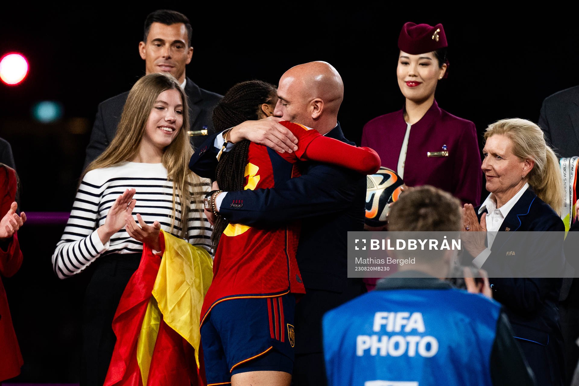 Luis Rubiales, President of the Spanish Football Association, hugs Salma Paralluelo of Spain after she received the FIFA Best Young Player Award during the medal ceremony after the FIFA Women's World Cup final between Spain and England on August 20, 2023 in Sydney.