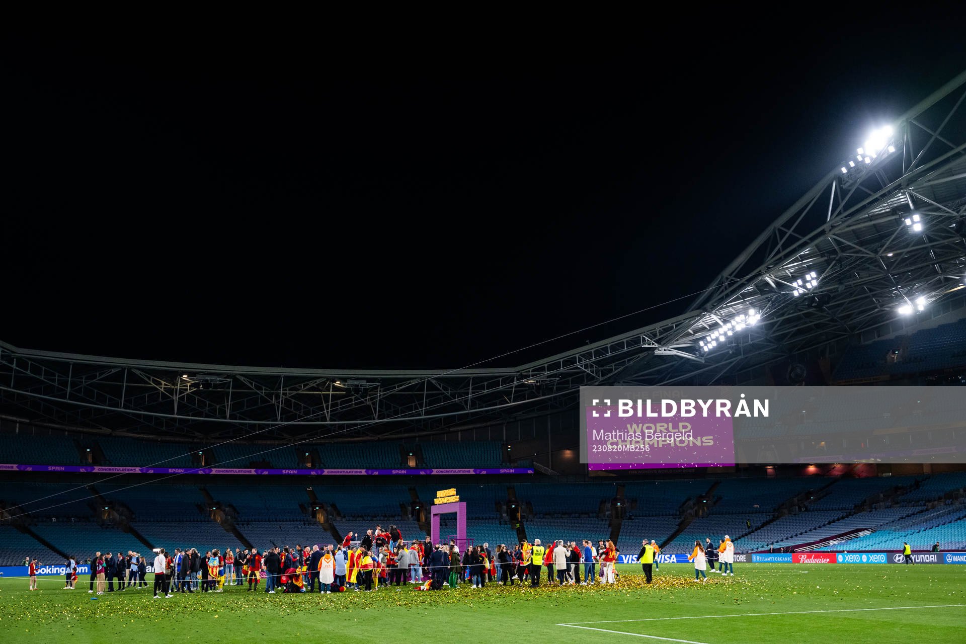Players, staff of Spain with their families celebrate after the FIFA Women's World Cup final between Spain and England on August 20, 2023 in Sydney.