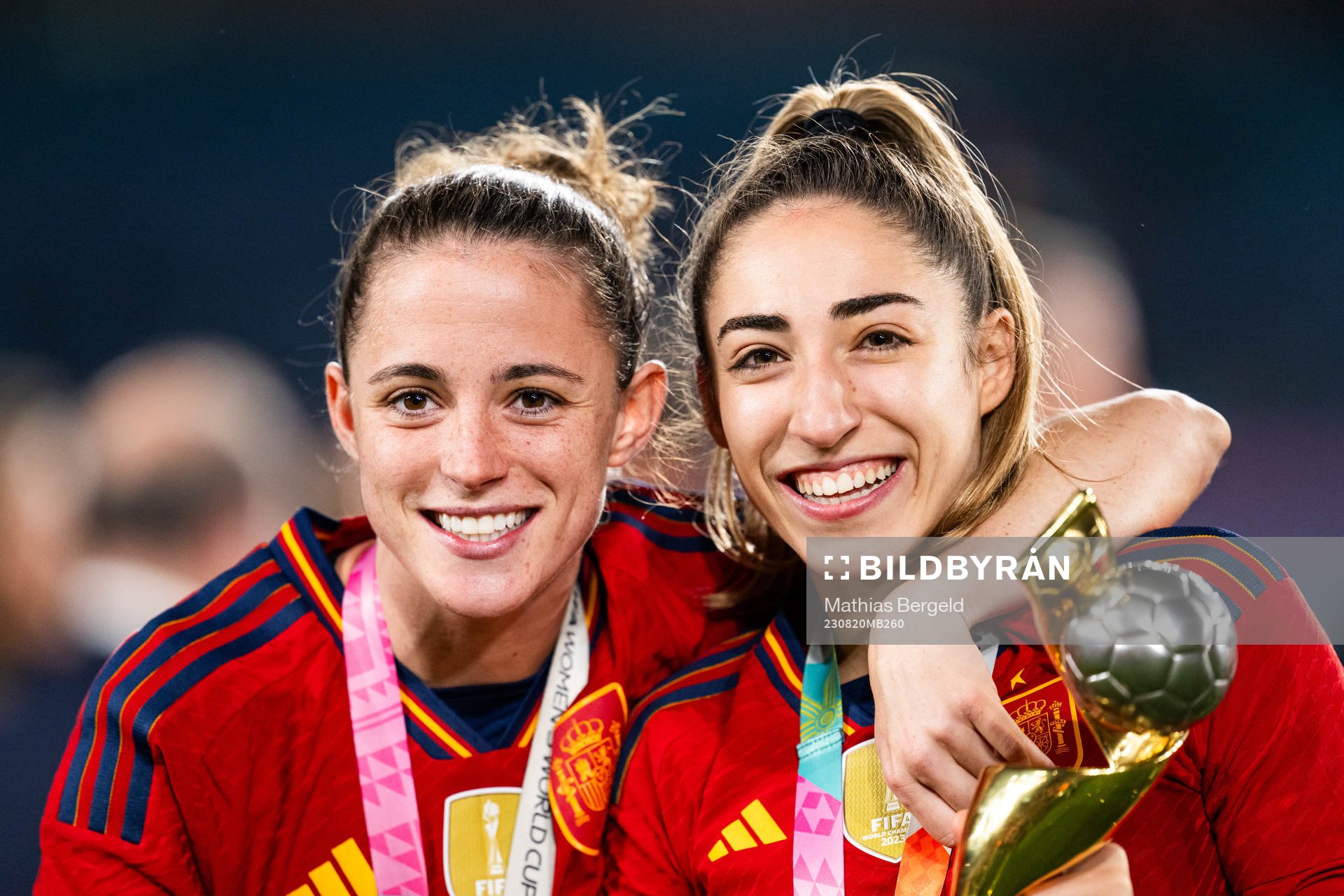 Ona Batlle and Olga Carmona of Spain celebrate with the