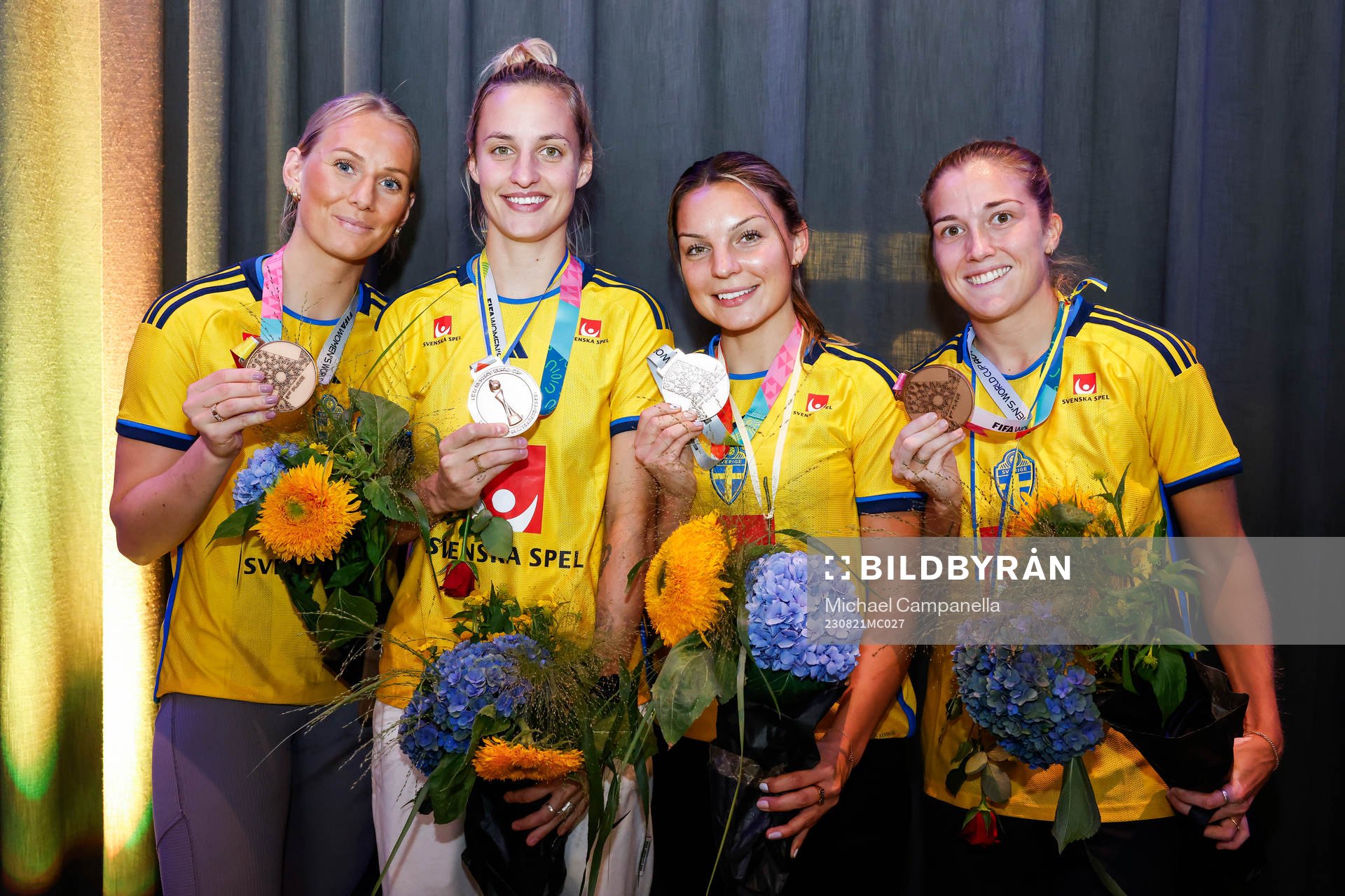 Stina Blackstenius, Nathalie Björn, Johanna Rytting Kaneryd and Filippa Angeldahl of Sweden during a homecoming press event after returning home from the 2023 FIFA Women's World Cup on August 21, 2023 in Stockholm.