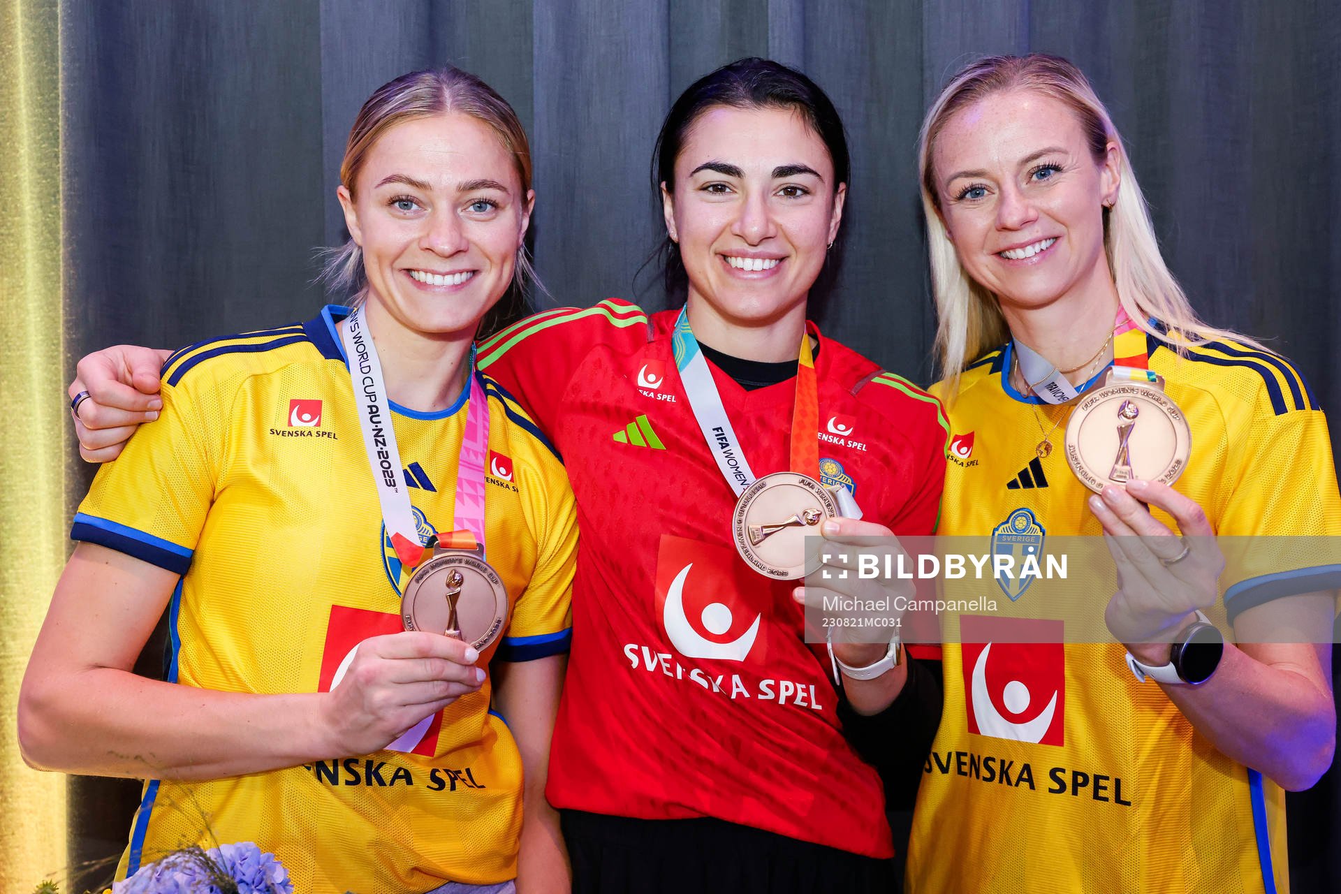 Fridolina Rolfö, goalkeeper Zecira Musovic and Amanda Ilestedt of Sweden during a homecoming press event after returning home from the 2023 FIFA Women's World Cup on August 21, 2023 in Stockholm.