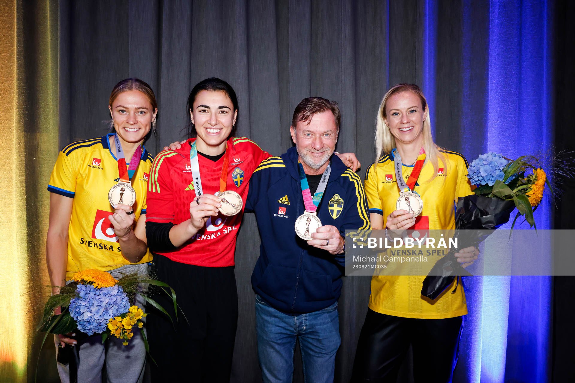 Fridolina Rolfö, Zecira Musovic, head coach Peter Gerhardsson and Amanda Ilestedt of Sweden during a homecoming press event after returning home from the 2023 FIFA Women's World Cup on August 21, 2023 in Stockholm. 