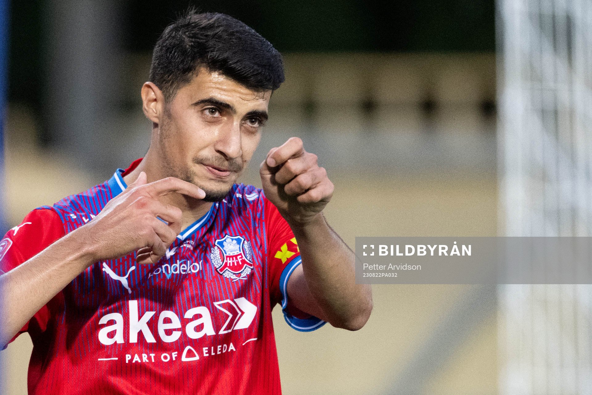 Helsingborgs Amar Muhsin jublar efter 0-3 under fotbollsmatchen i Svenska Cupen mellan FC Rosengård 1917 och Helsingborg den 22 augusti 2023 i Malmö.