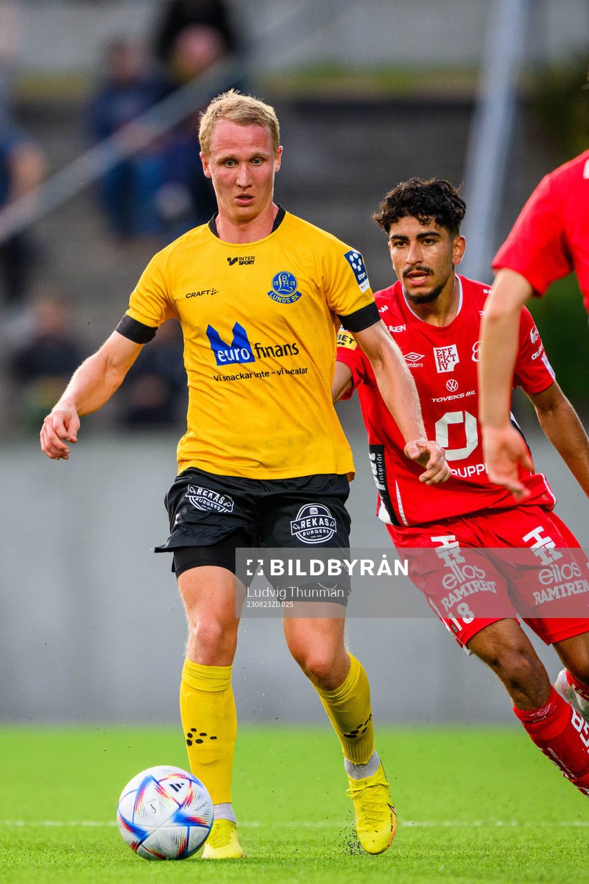 Lunds BKs André Kamp under fotbollsmatchen i Svenska Cupen mellan Lunds BK och Elfsborg den 23 augusti 2023 i Lund. 