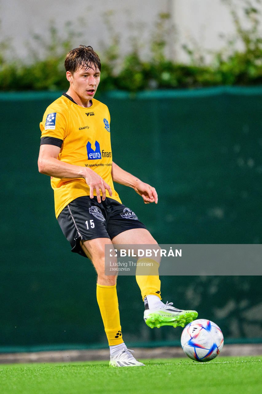 Lunds BKs Gustav Båth Sågänger under fotbollsmatchen i Svenska Cupen mellan Lunds BK och Elfsborg den 23 augusti 2023 i Lund. 