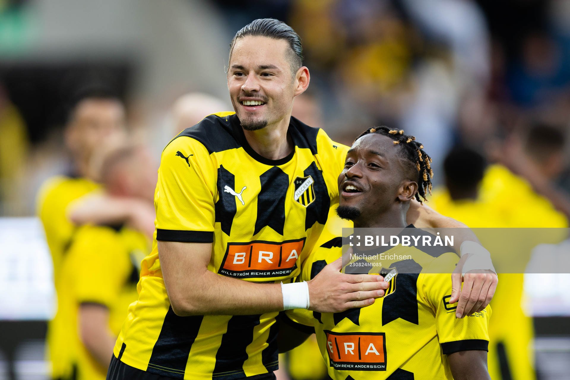 Amor Layouni and Ibrahim Sadiq of Häcken celebrate 1-0 during the UEFA Europa League play-off match between Häcken and Aberdeen on August 24, 2023 in Göteborg. 