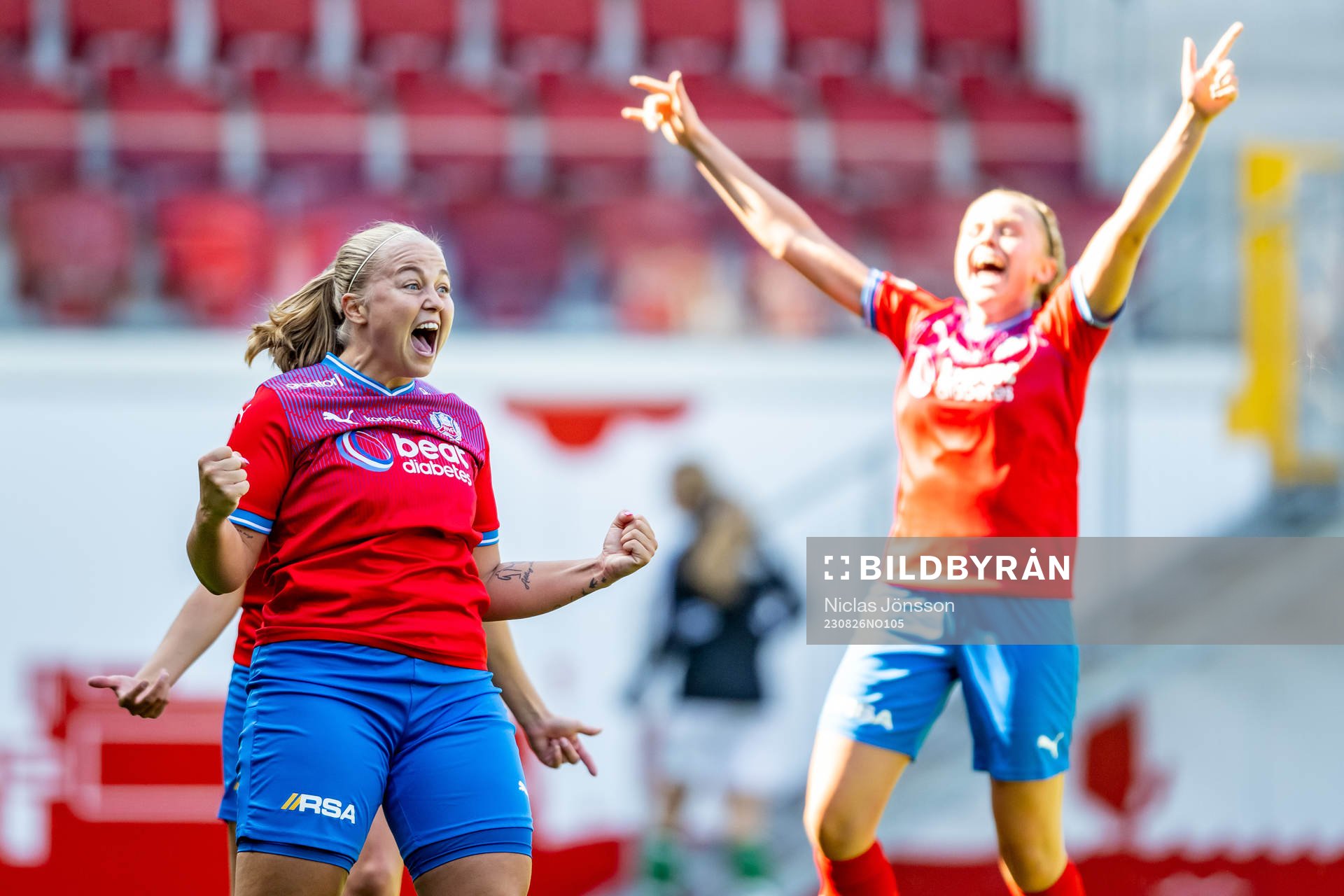 Helsingborgs Stephanie Petersson jublar efter 2-0 under fotbollsmatchen i Div 2 Västra Götaland mellan Helsingborg - IK Zenith den 26 augusti 2023 i Helsingborg.
