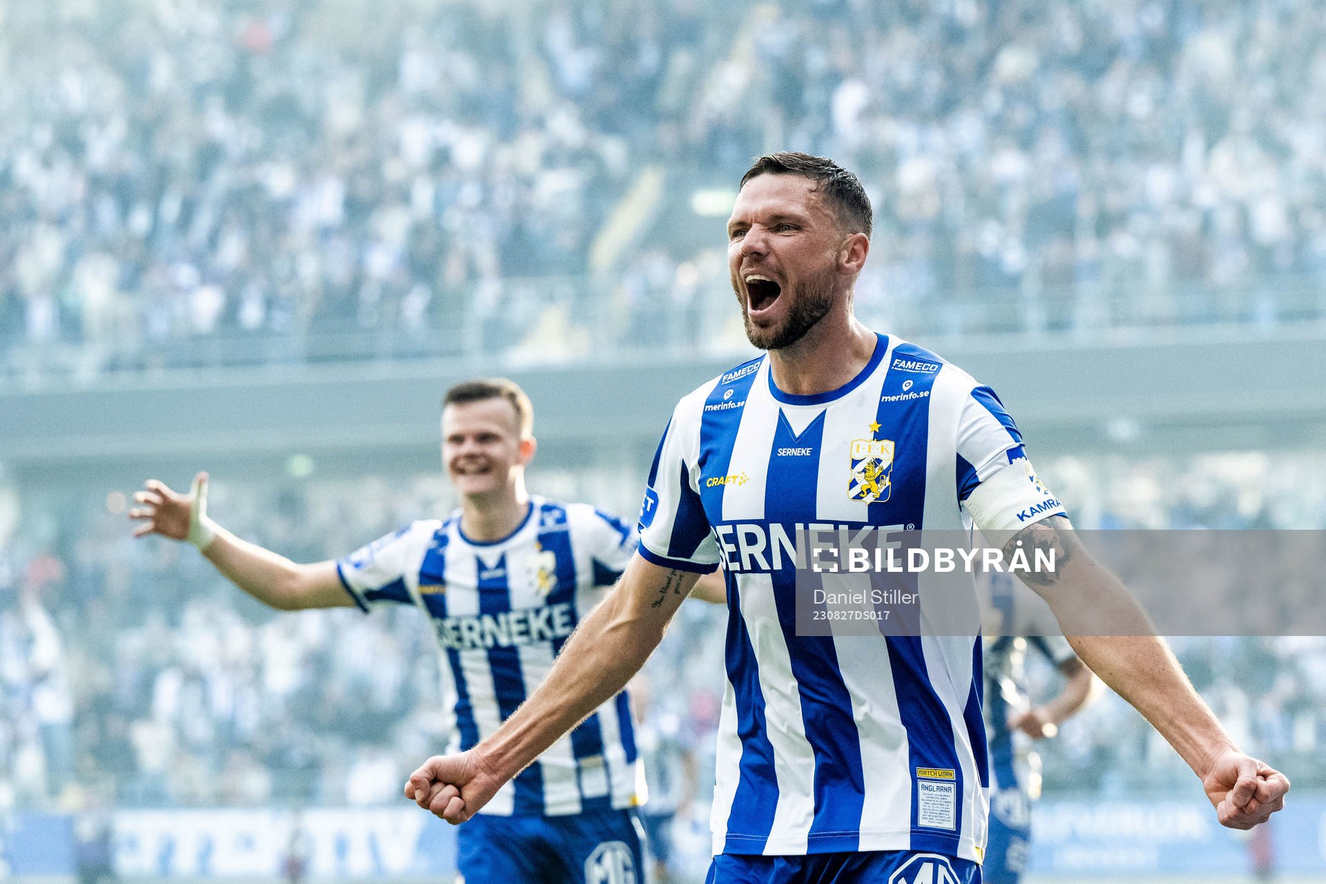 IFK Göteborgs Marcus Berg jublar efter 4-0 under fotbollsmatchen i Allsvenskan mellan IFK Göteborg och Häcken den 27 augusti 2023 i Göteborg.