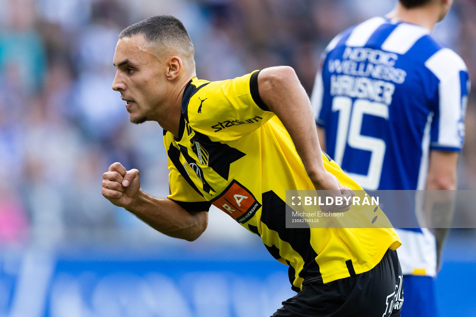 Häckens Ali Youssef efter sin reducering till 4-2 under fotbollsmatchen i Allsvenskan mellan IFK Göteborg och Häcken den 27 augusti 2023 i Göteborg.