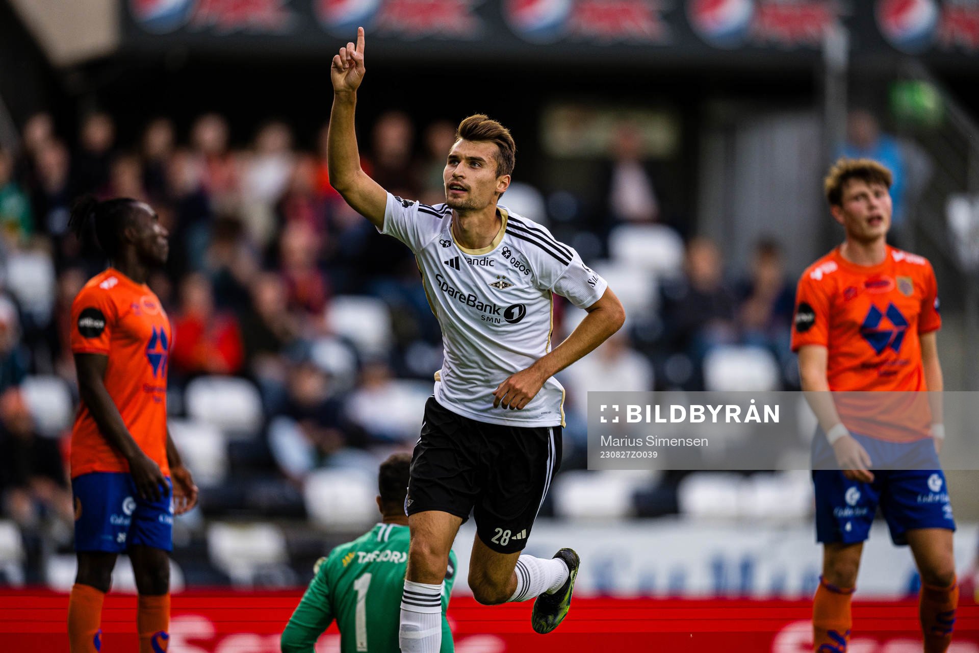 Håkan Wiedesheim-Paul of Rosenborg celebrates after scoring the 1-0 goal during the Eliteserien match between Rosenborg and Aalesund on August 27, 2023 in Trondheim.