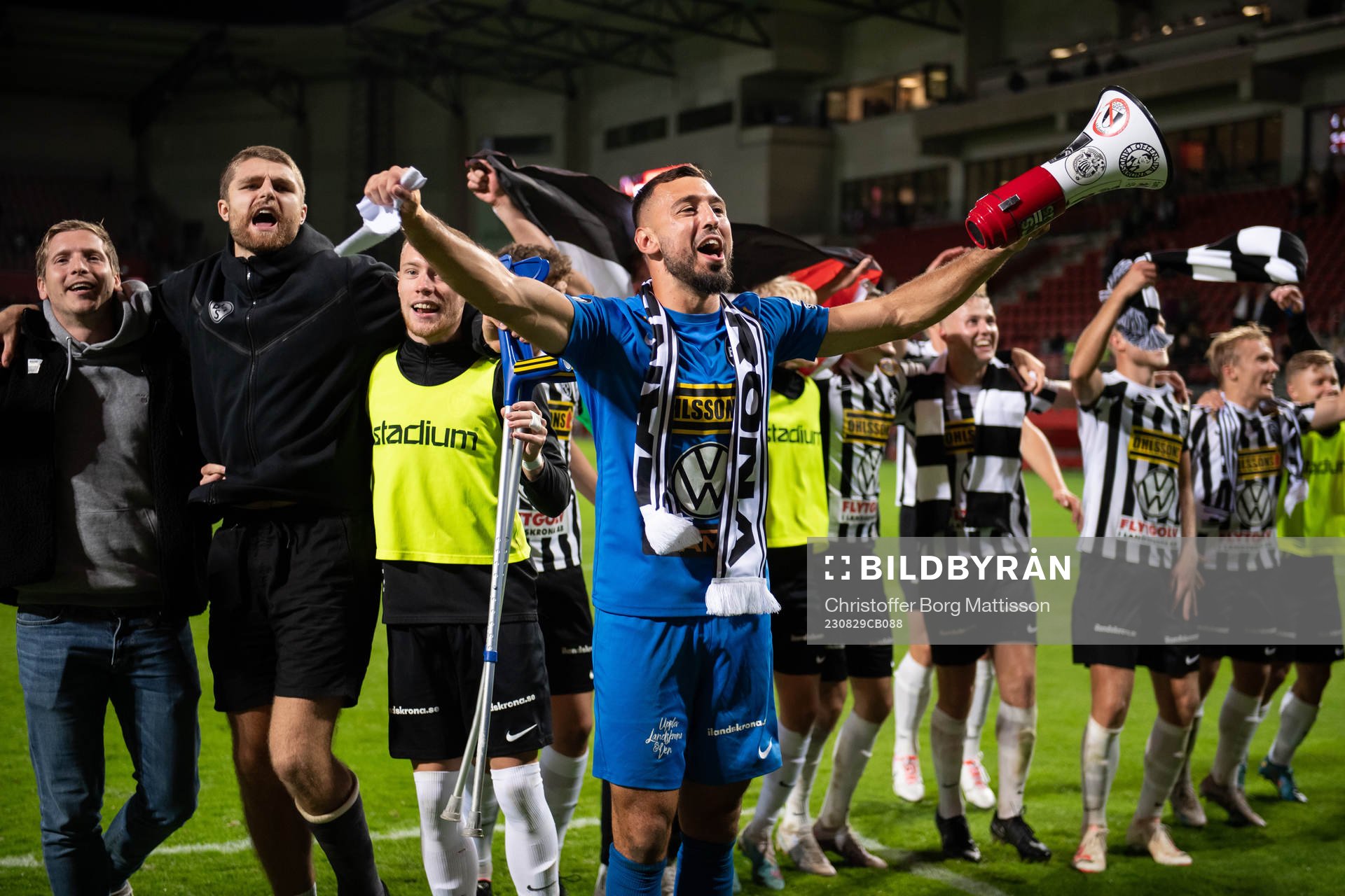 Landskronas Amr Kaddoura jublar efter fotbollsmatchen i Superettan mellan Helsingborg och Landskrona den 29 augusti 2023 i Helsingborg.