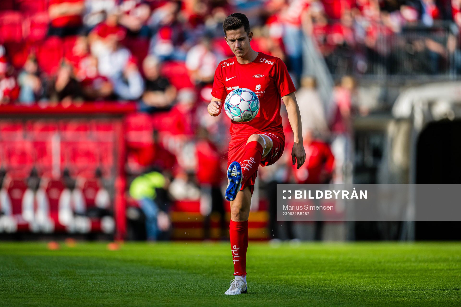 Sander Kartum of Brann warms up ahead of the UEFA Europa Conference League play-off match between Brann and AZ Alkmaar on August 31, 2023 in Bergen.