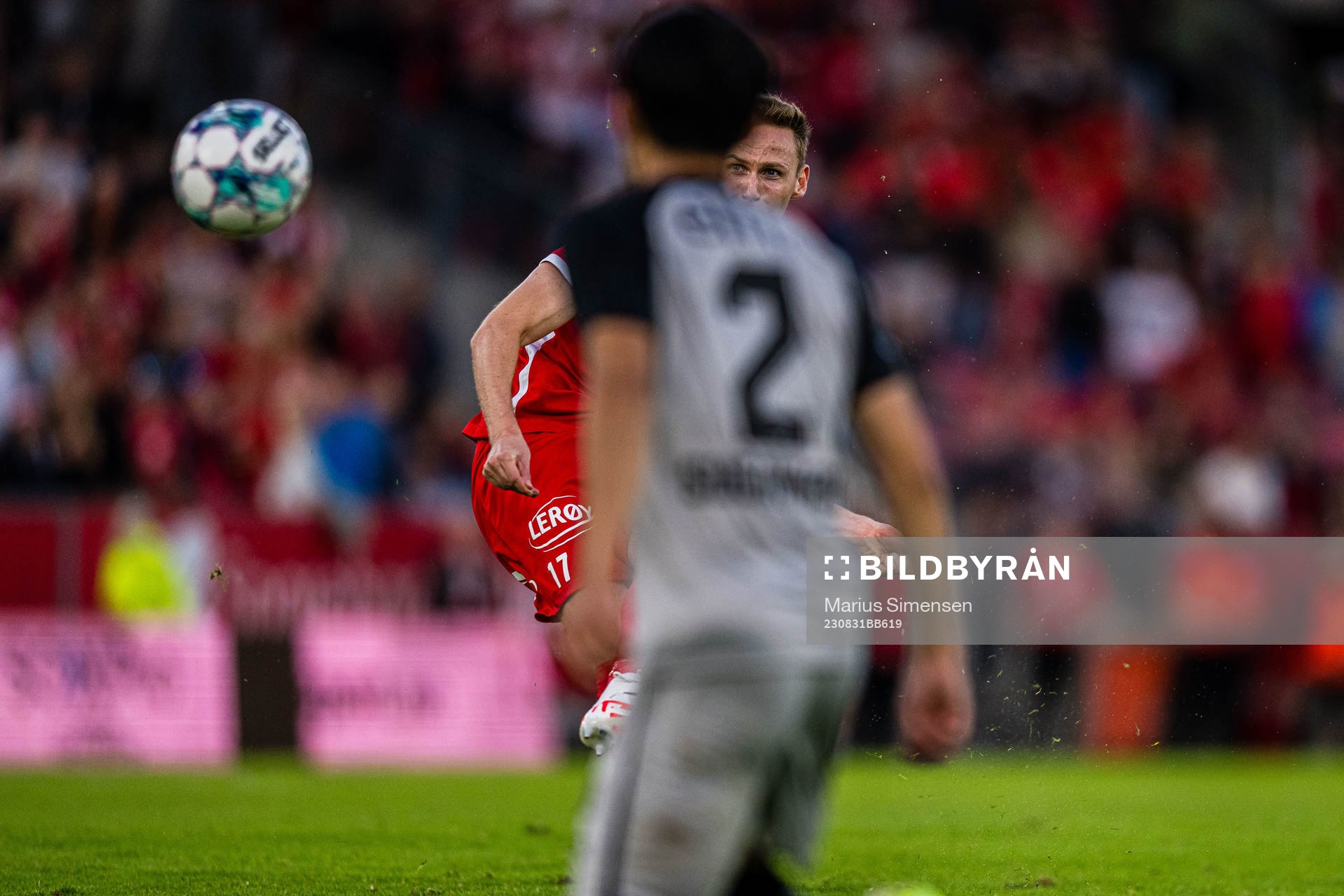 Joachim Soltvedt of Brann scores the 2-3 goal during the UEFA Europa Conference League play-off match between Brann and AZ Alkmaar on August 31, 2023 in Bergen.