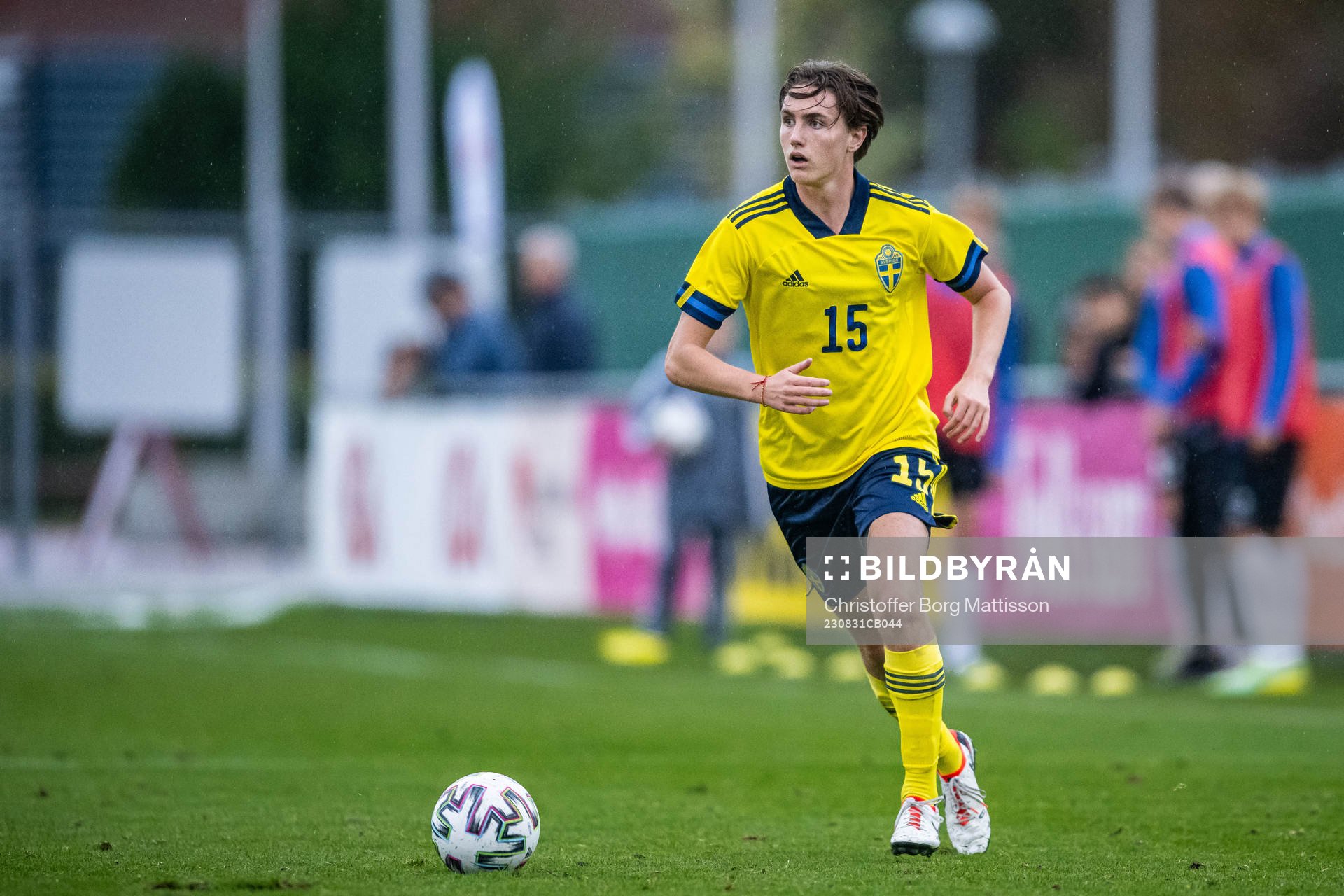Sveriges Max Vogele under träningslandskampen i fotboll mellan Sverige P16 och Estland P16 den 31 augusti 2023 i Höganäs.