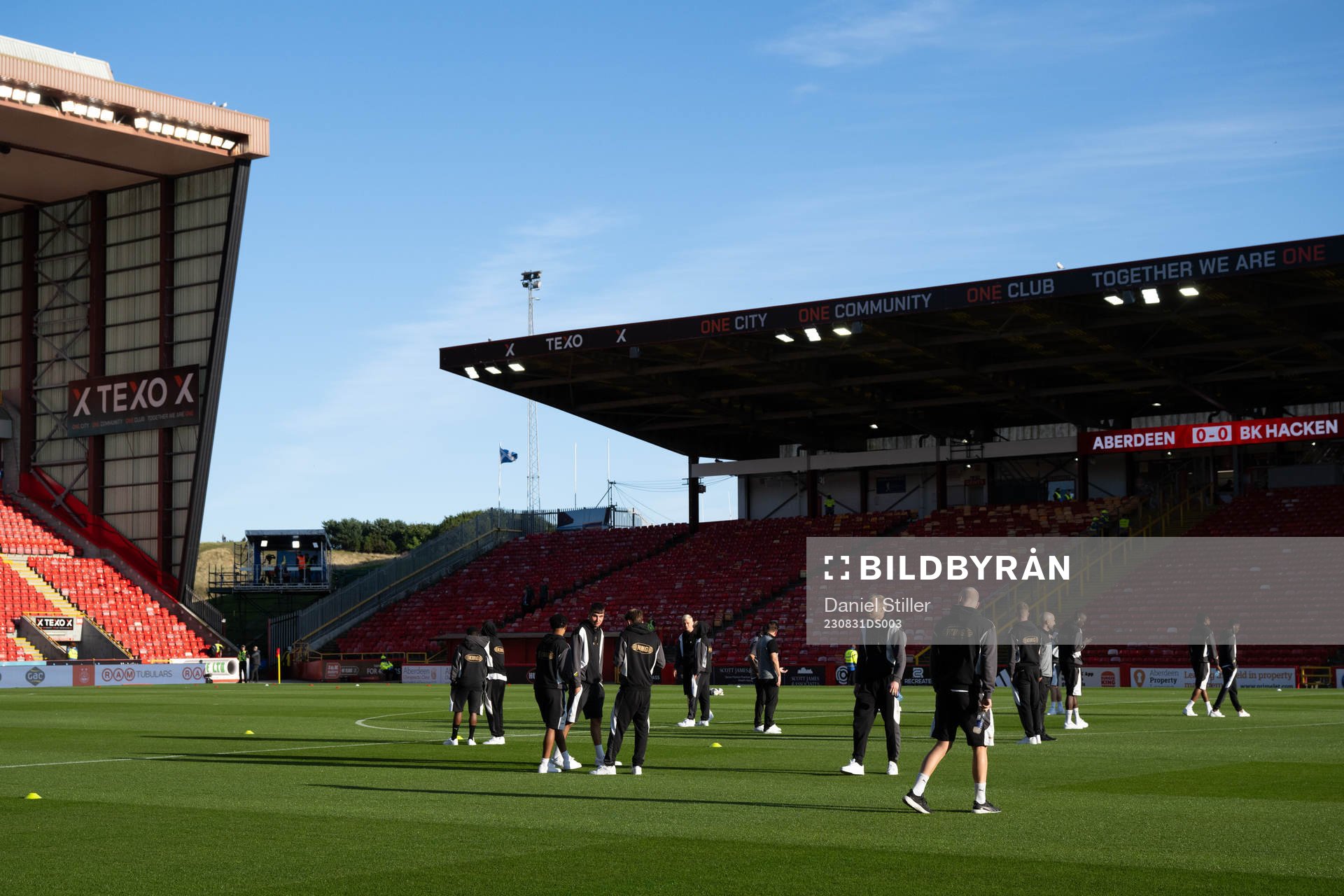 The players inspect the pitch ahead of the UEFA Europa League play-off between Aberdeen and Häcken on August 31, 2023 in Aberdeen.