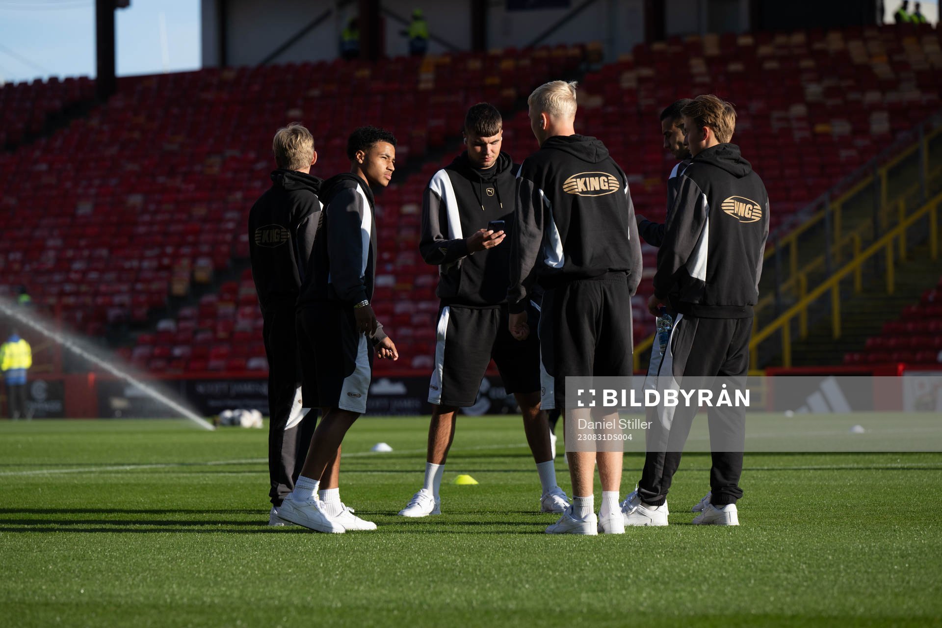 The players inspect the pitch ahead of the UEFA Europa League play-off between Aberdeen and Häcken on August 31, 2023 in Aberdeen.