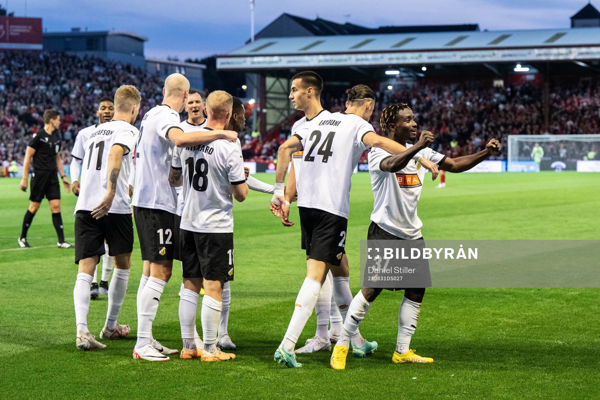Ibrahim Sadiq of Häcken celebrates with team mates after 0-2 during the UEFA Europa League play-off between Aberdeen and Häcken on August 31, 2023 in Aberdeen.