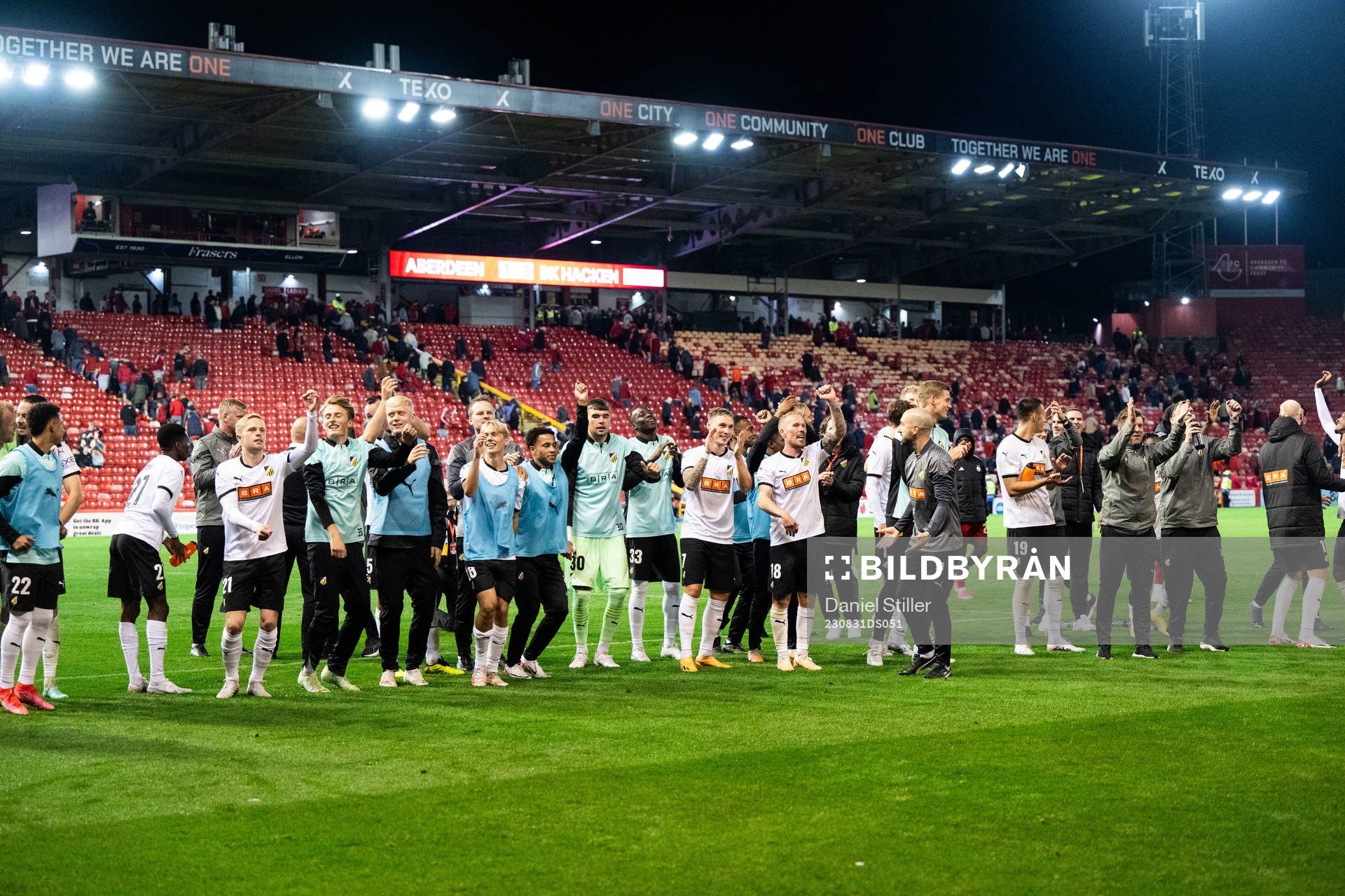 Players of Häcken celebrate after the UEFA Europa League play-off between Aberdeen and Häcken on August 31, 2023 in Aberdeen. 