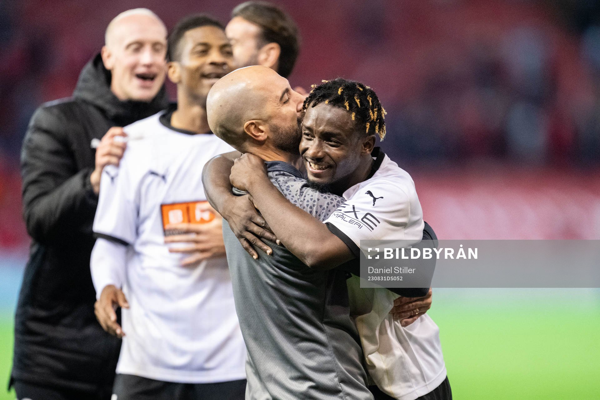 Ibrahim Sadiq and ssistant coach Martin Foyston of Häcken celebrate after the UEFA Europa League play-off between Aberdeen and Häcken on August 31, 2023 in Aberdeen.