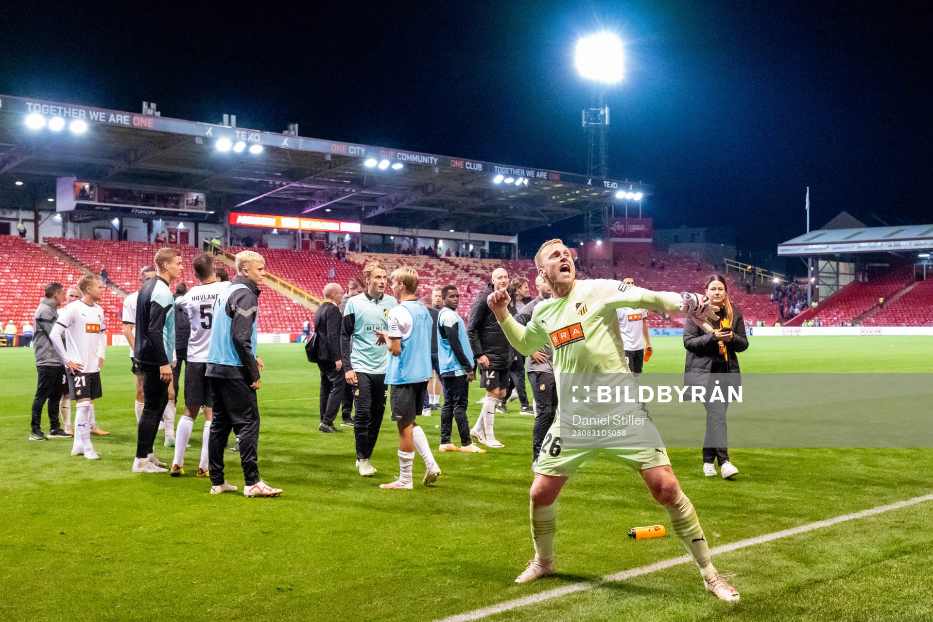 Goalkeeper Peter Abrahamsson of Häcken  celebrates after the UEFA Europa League play-off between Aberdeen and Häcken on August 31, 2023 in Aberdeen. 