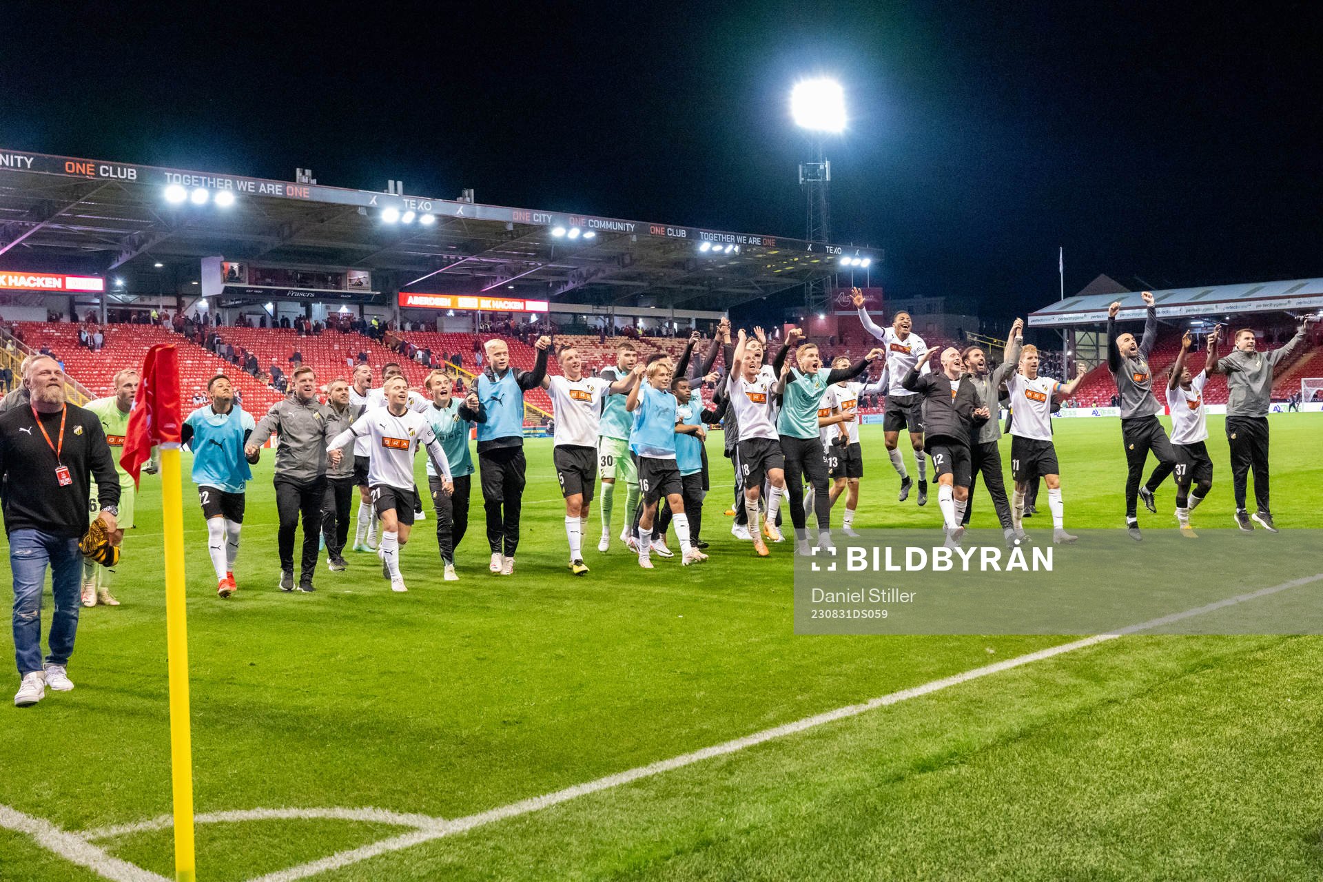 Häcken celebrates after the UEFA Europa League play-off between Aberdeen and Häcken on August 31, 2023 in Aberdeen. 
