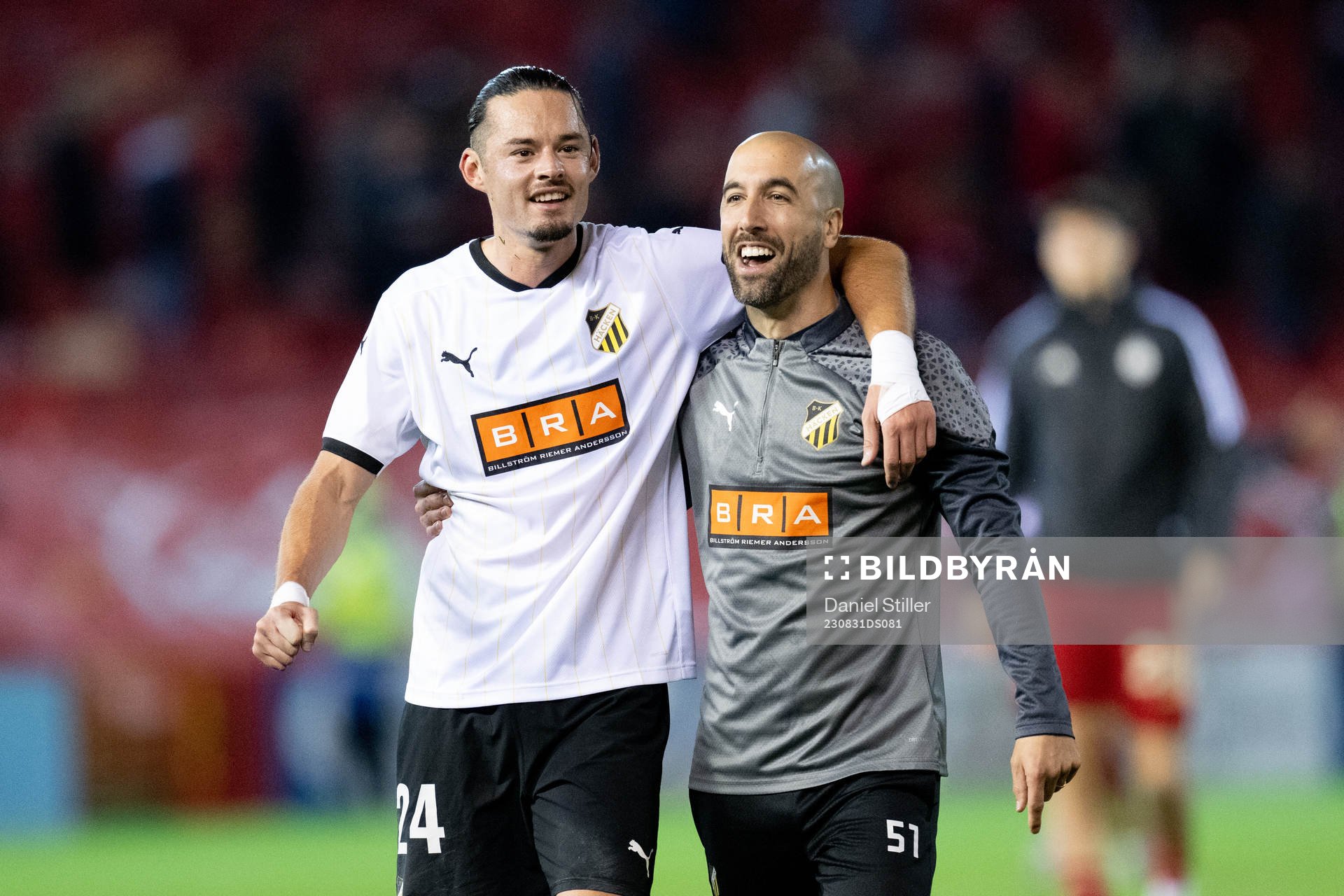 Amor Layouni and assistant coach Martin Foyston celebrates after the UEFA Europa League play-off between Aberdeen and Häcken on August 31, 2023 in Aberdeen.
