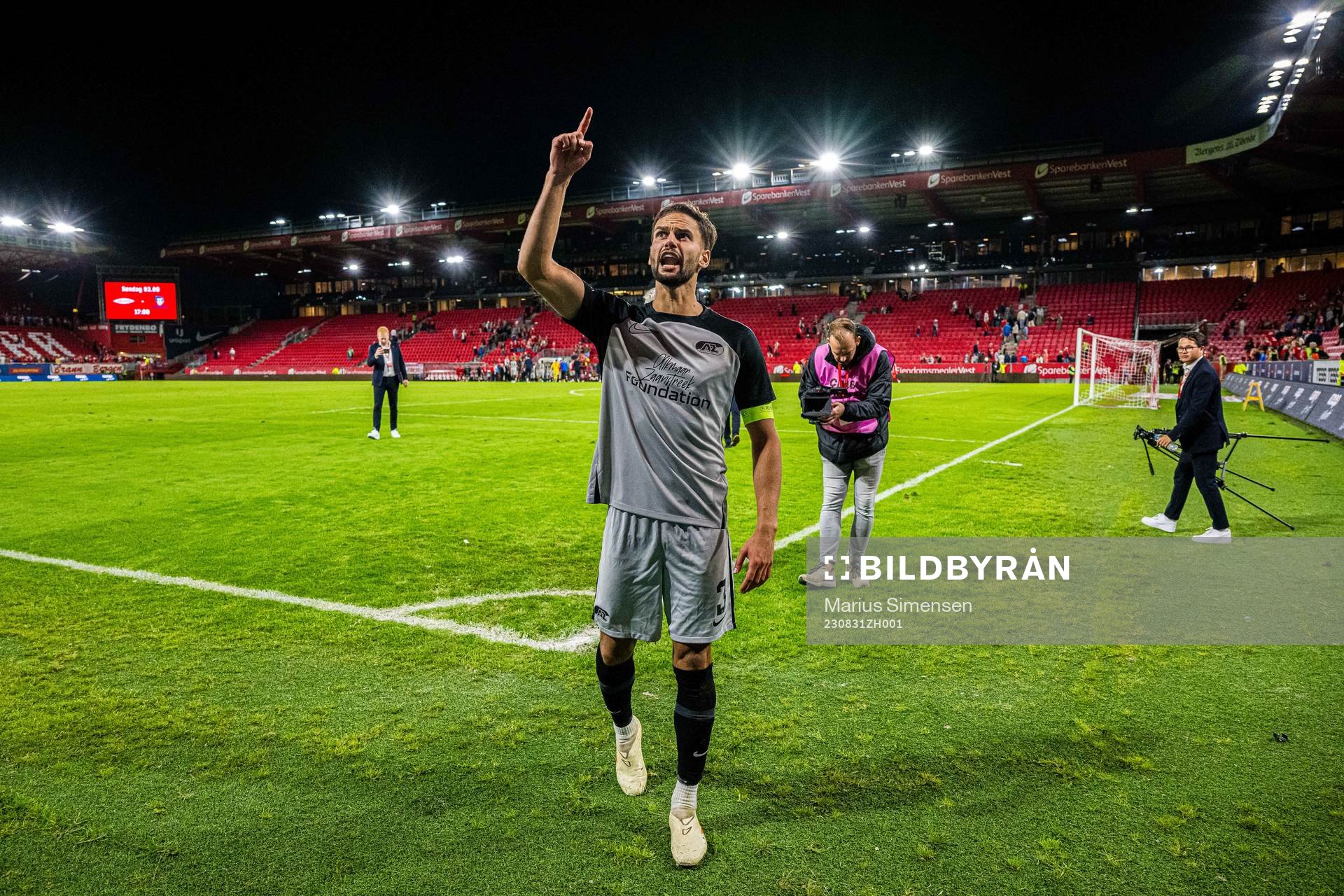 Pantelis Chatzidiakos of AZ Alkmaar celebrates after the UEFA Europa Conference League play-off match between Brann and AZ Alkmaar on August 31, 2023 in Bergen.