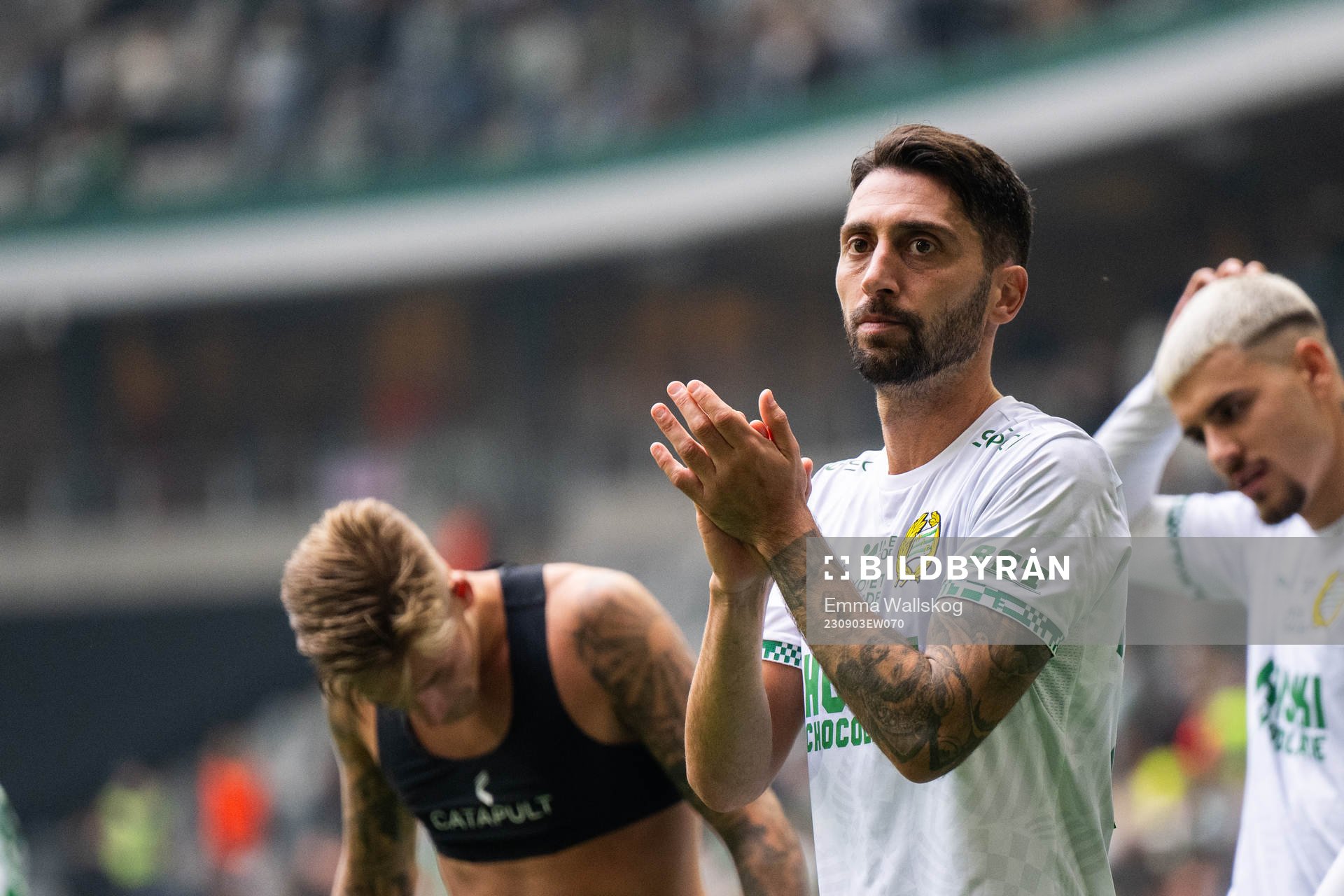 Hammarbys Nahir Besara jublar efter fotbollsmatchen i Allsvenskan mellan Hammarby och AIK den 3 september 2023 i Stockholm. 