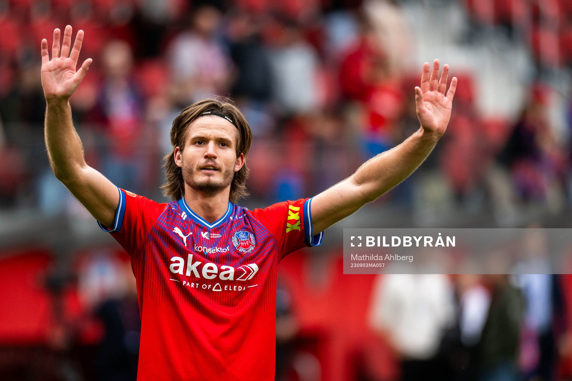 Helsingborgs Wilhelm Loeper jublar efter fotbollsmatchen i Superettan mellan Helsingborg och GIF Sundsvall den 3 september 2023 i Helsingborg.