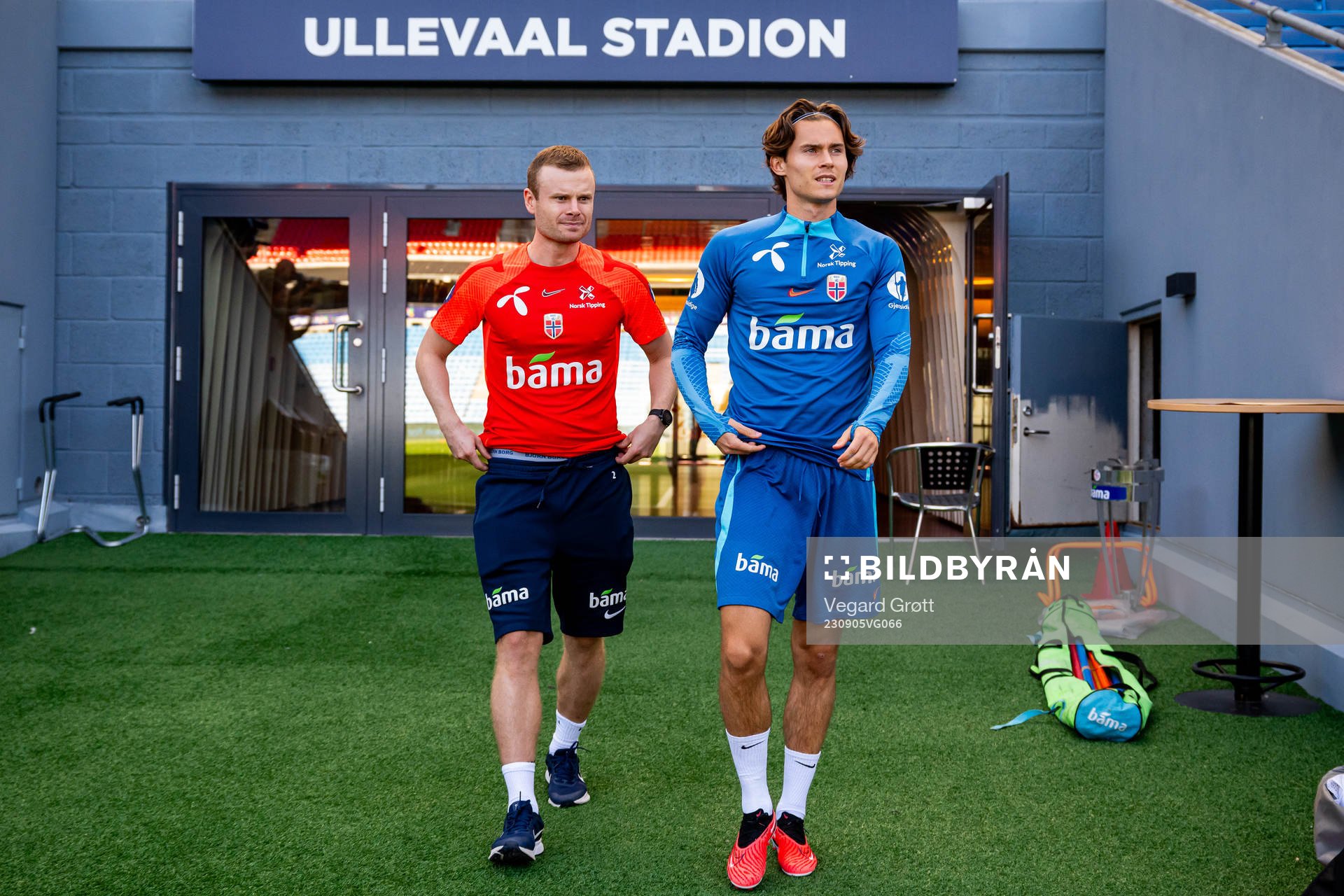 Erik Hulleberg, kit manager, and Markus Solbakken of the Norwegian national football team ahead of a training session on September 5, 2023 in Oslo. 