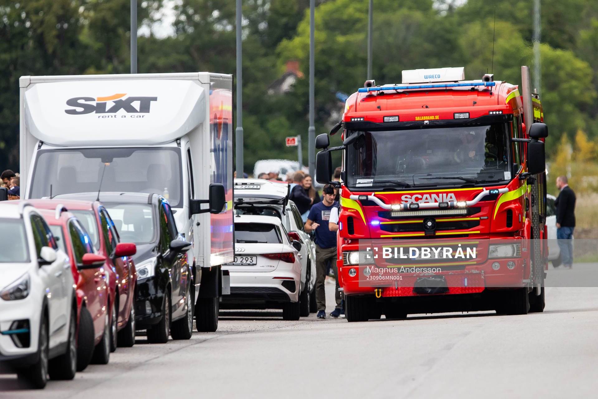 A fire truck outside the arena
