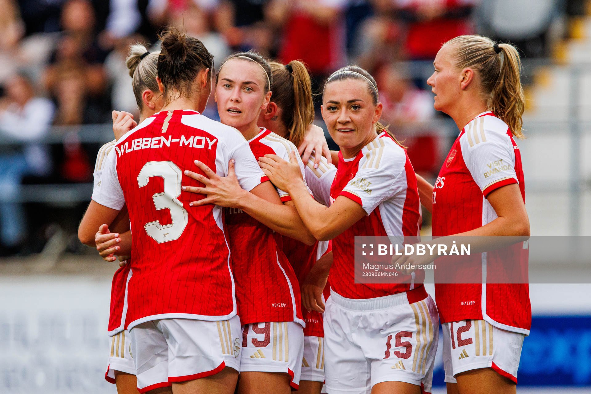 Arsenals Caitlin Foord is celebrated by her teammates