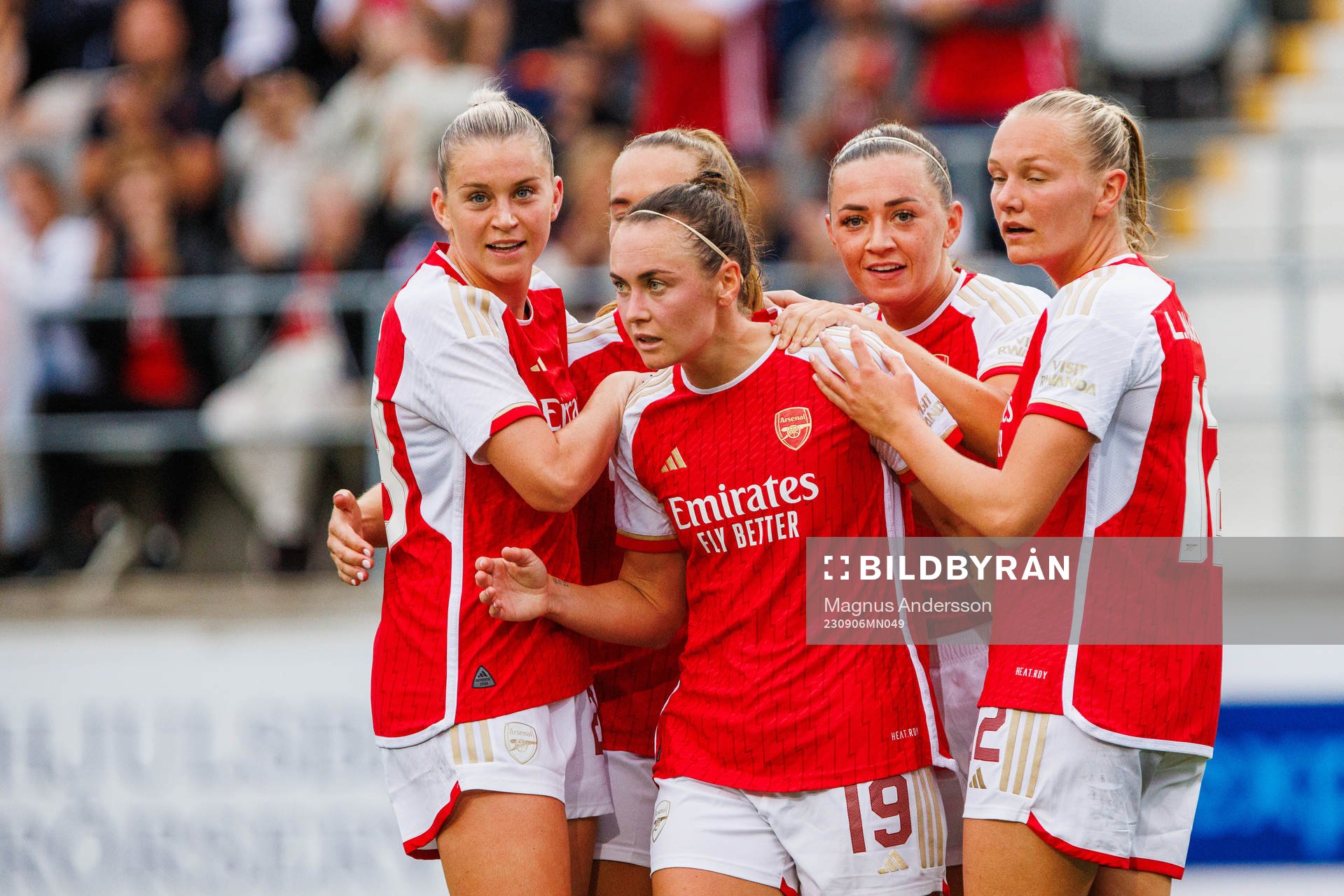 Arsenals Caitlin Foord is celebrated by her teammates
