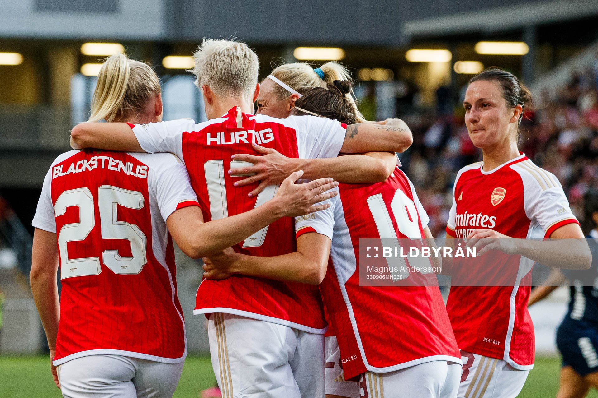 Arsenals Lina Hurtig is celebrated by her teammates after scoring 0-2 during the UEFA Women’s Champions League round 1 semifinal match between Linköping and Arsenal on September 6, 2023 in Linköping.
