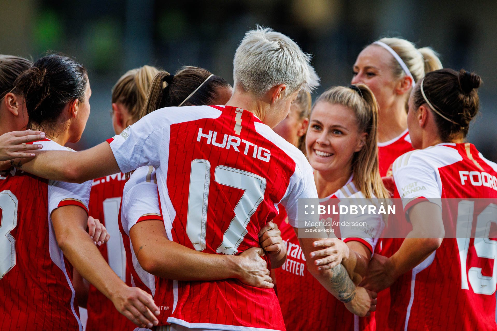Arsenals Lina Hurtig is celebrated by her teammates after scoring 0-2 during the UEFA Women’s Champions League round 1 semifinal match between Linköping and Arsenal on September 6, 2023 in Linköping.