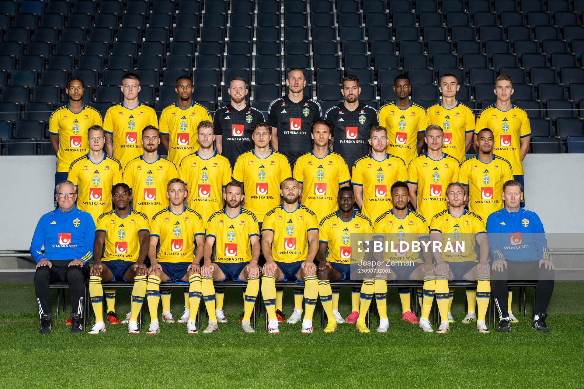 Players and coaching staff of the Swedish national football team pose for a team photo on September 7, 2023 in Stockholm. Top row, left to right: Jens Cajuste, Emil Holm, Isak Hien, Viktor Johansson, Robin Olsen, Kristoffer Nordfeldt, Alexander Isak, Gustaf Lagerbielke and Viktor Gyökeres. Middle row: Viktor Claesson, Linus Wahlqvist-Egnell, Samuel Gustafson, Victor Nilsson Lindelöf, Albin Ekdal, Dejan Kulusevski, Carl Starfelt and Robin Quaison. Bottom row: Head coach Janne Andersson, Anthony Elanga, Jesper Karlsson, Marcus Rohdén, Jesper Karlström, Ken Sema, Martin Olsson, Emil Forsberg and assistant coach Peter Wettergren. Editors note: This image has been retouched.