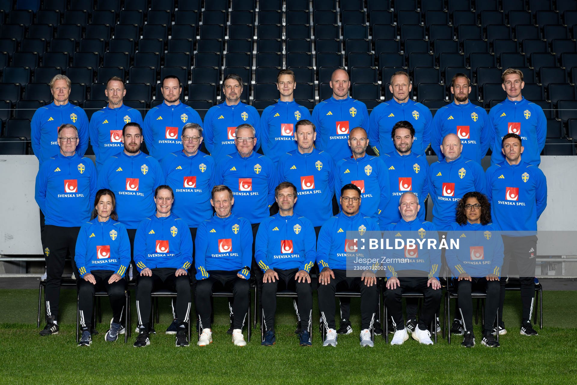 Staff of the Swedish national football team pose for a photo