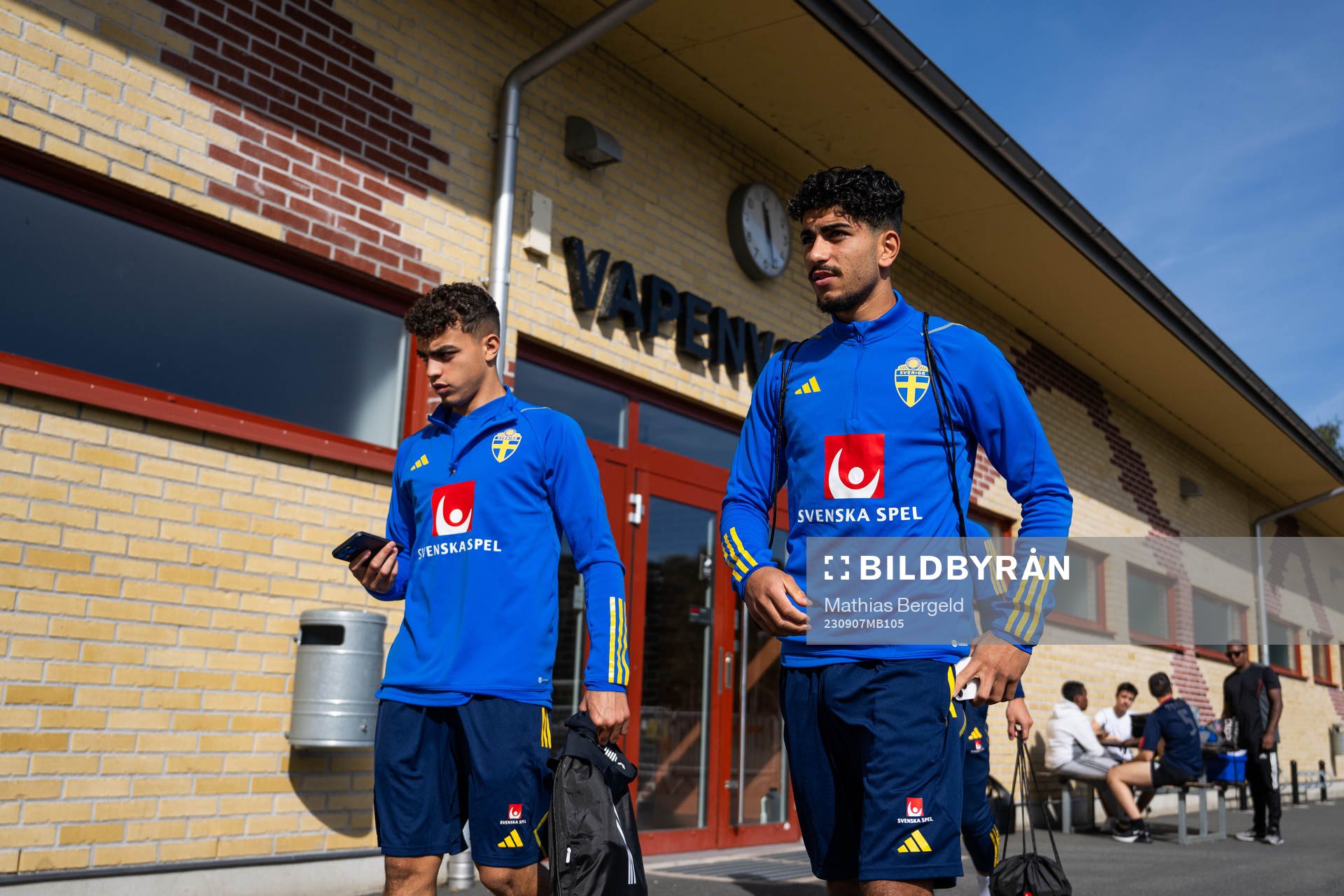Yasin Ayari and Ahmed Qasem of the Swedish under-21 national football team arrive at a training session on September 7, 2023 in Husqvarna.