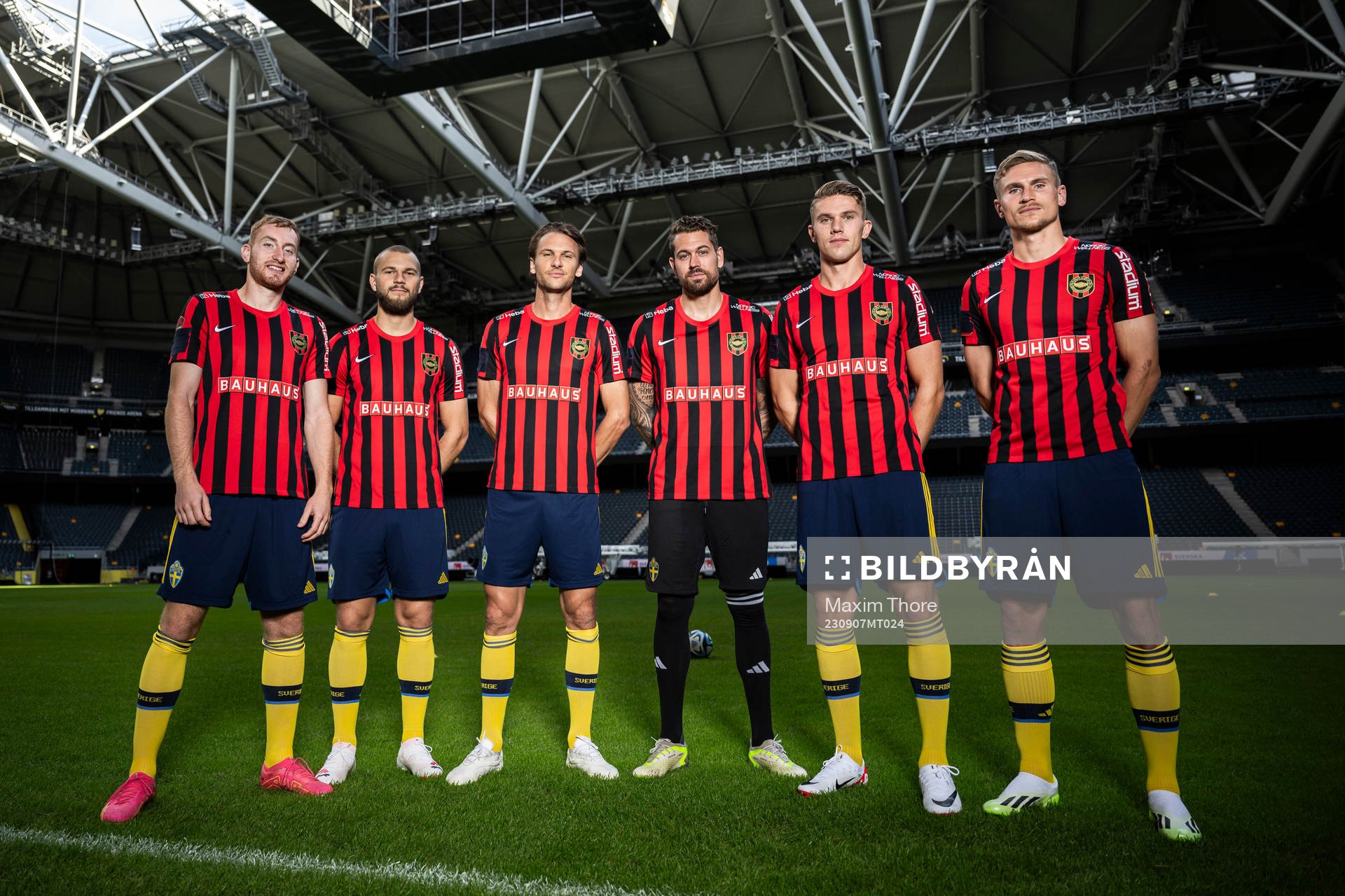 Dejan Kulusevski, Jesper Karlström, Albin Ekdal, goalkeeper Kristoffer Nordfeldt, Viktor Gyökeres and Carl Starfelt of the Swedish national football team pose for a photo with kits from their mother club Brommapojkarna during a photo session on September 7, 2023 in Stockholm.