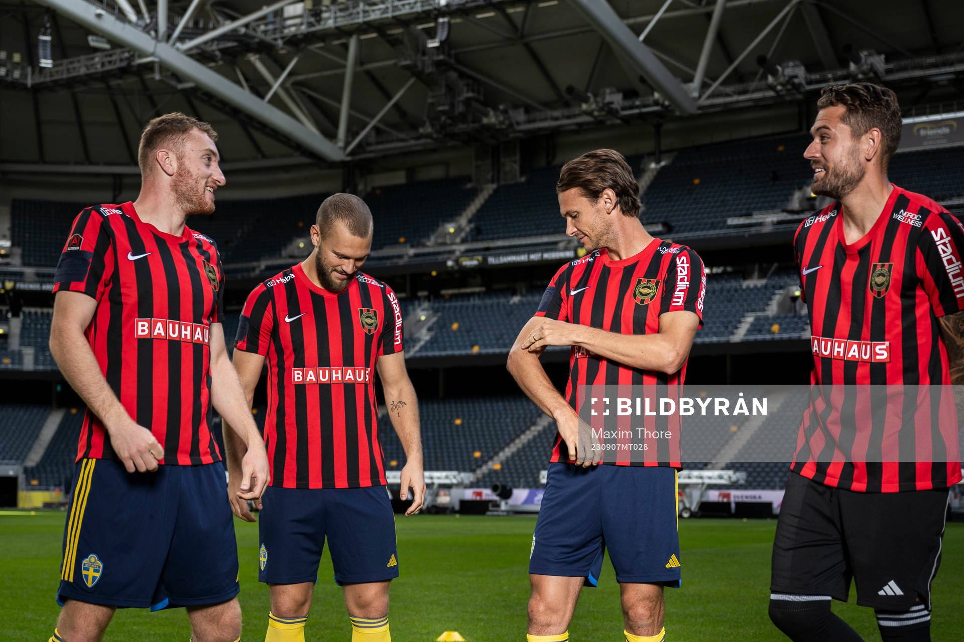 Dejan Kulusevski, Jesper Karlström, Albin Ekdal and goalkeeper Kristoffer Nordfeldt of the Swedish national football team pose for a photo with kits from their mother club Brommapojkarna during a photo session on September 7, 2023 in Stockholm.