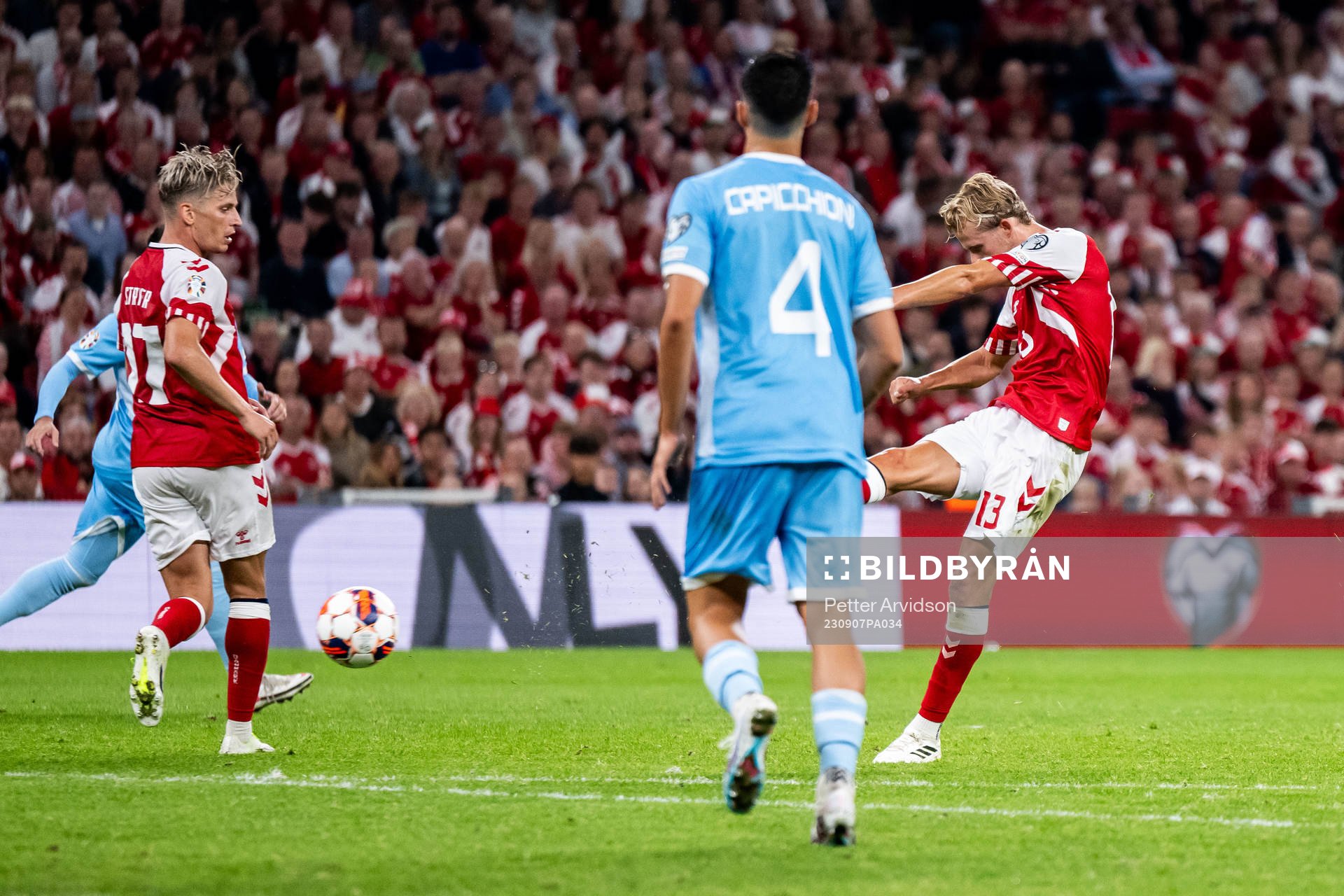Morten Hjulmand of Denmark scores 4-0 during the UEFA Euro Qualifier football match between Denmark and San Marino on September 7, 2023 in Copenhagen. 