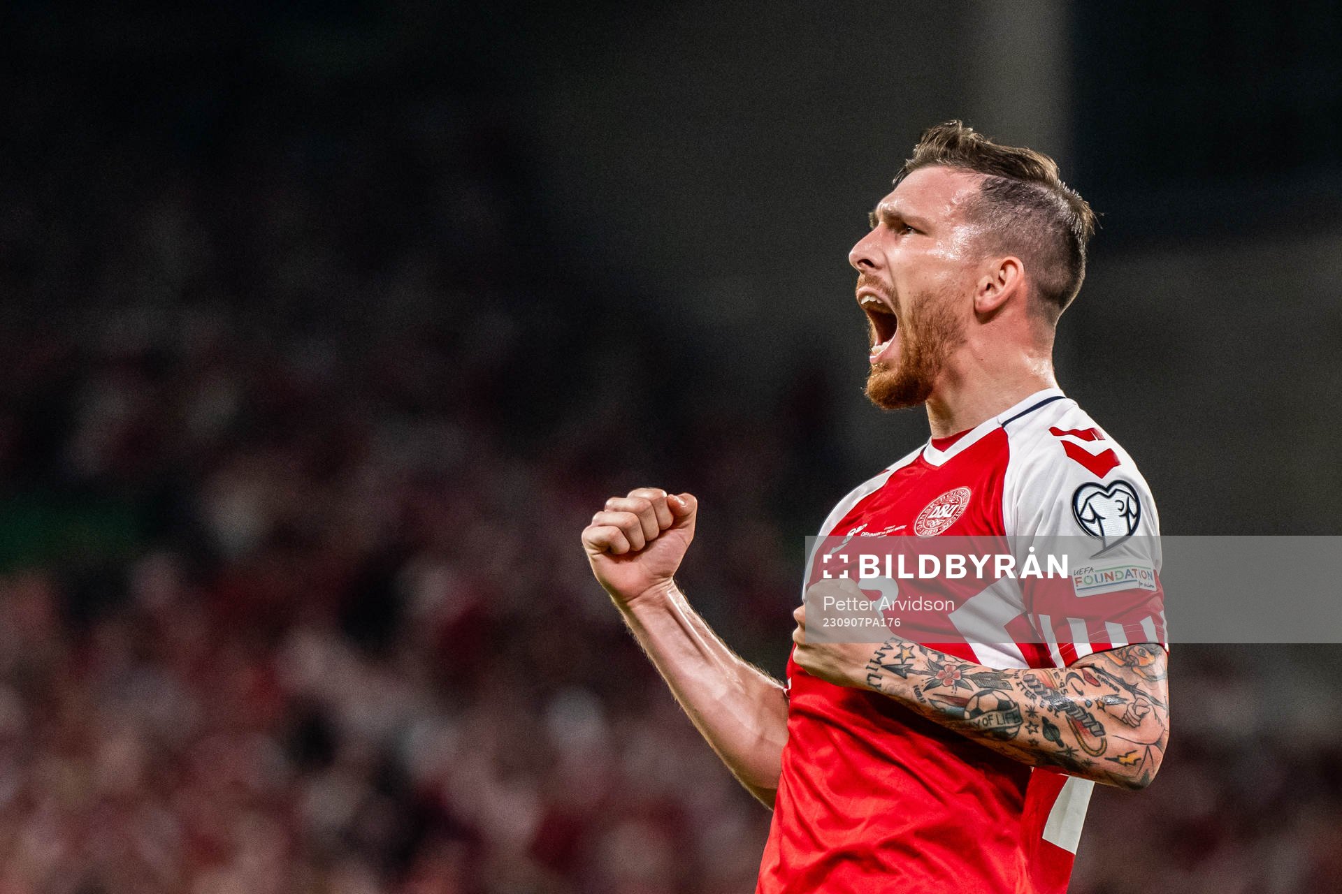 Pierre-Emile Højbjerg of Denmark celebrates after his 1-0 goal during the UEFA Euro Qualifier football match between Denmark and San Marino on September 7, 2023 in Copenhagen. 