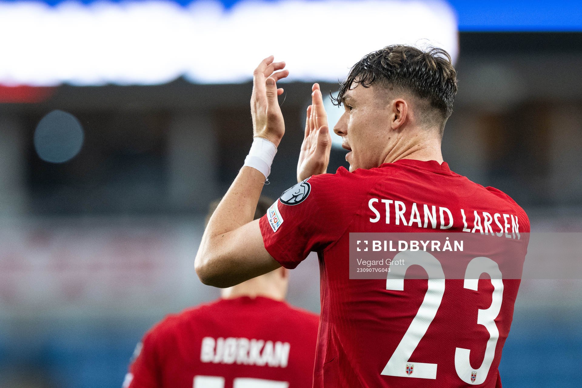 Jørgen Strand Larsen of Norway celebrates