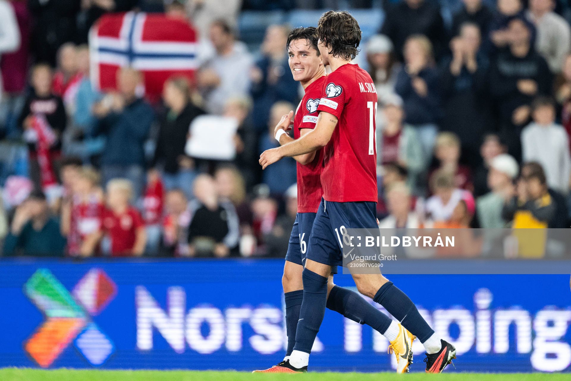 Hugo Vetlesen of Norway celebrates with Markus Solbakken after scoring 6-0 during the international friendly football match between Norway and Jordan on September 7, 2023 in Oslo.