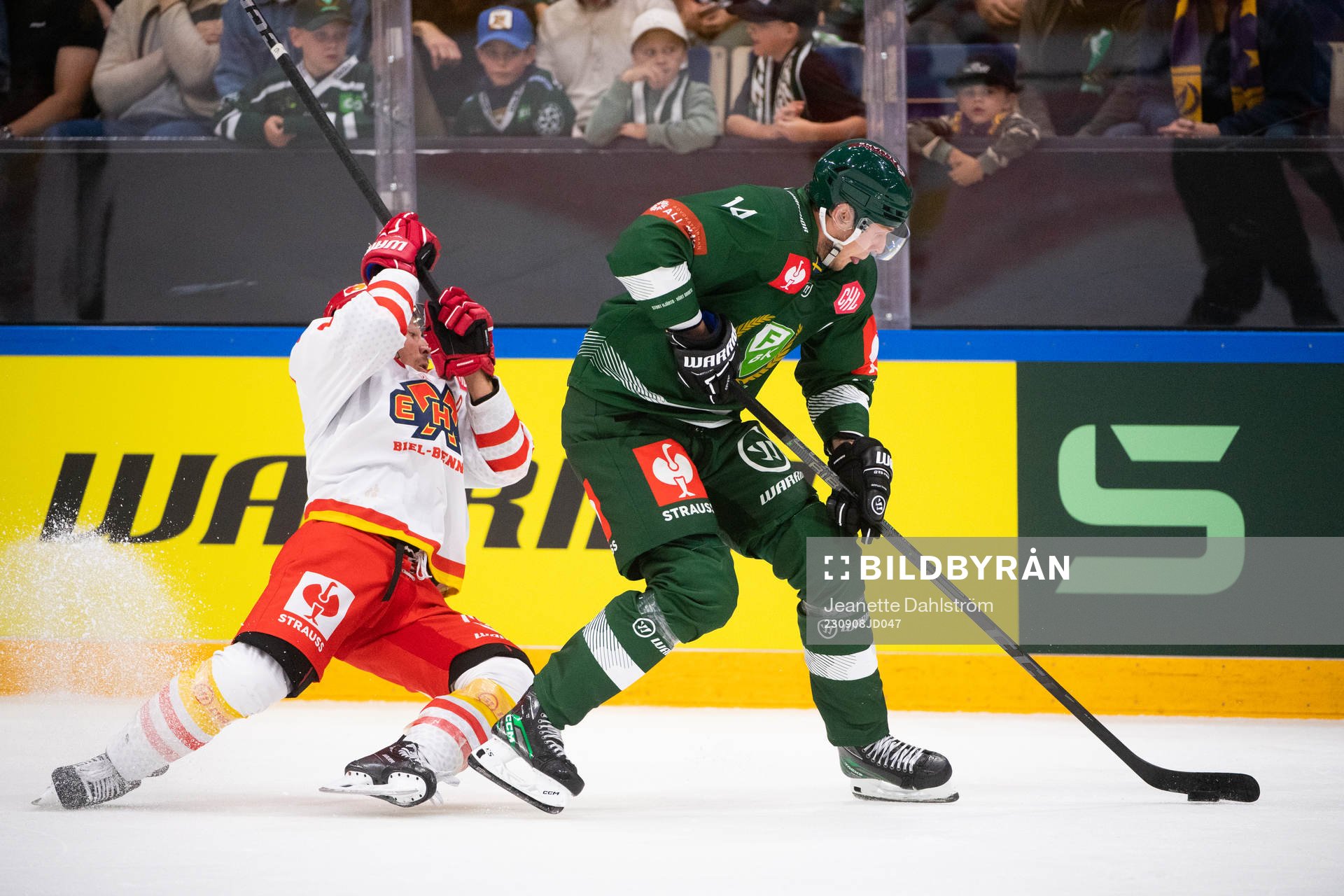 Victor Ejdsell of Färjestad and Damien Brunner of EHC