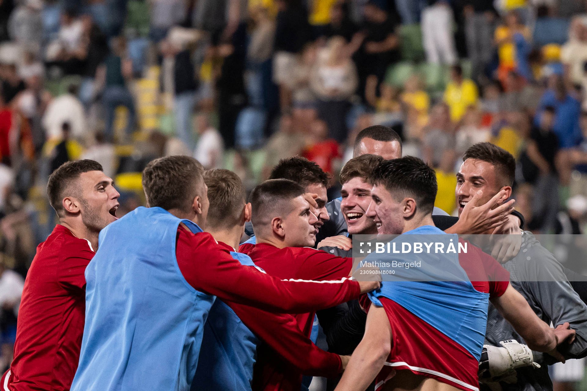 Players of North Macedonia celebrate after the UEFA European Under-21 Qualifier football match between Sweden and North Macedonia on September 8, 2023 in Jönköping.