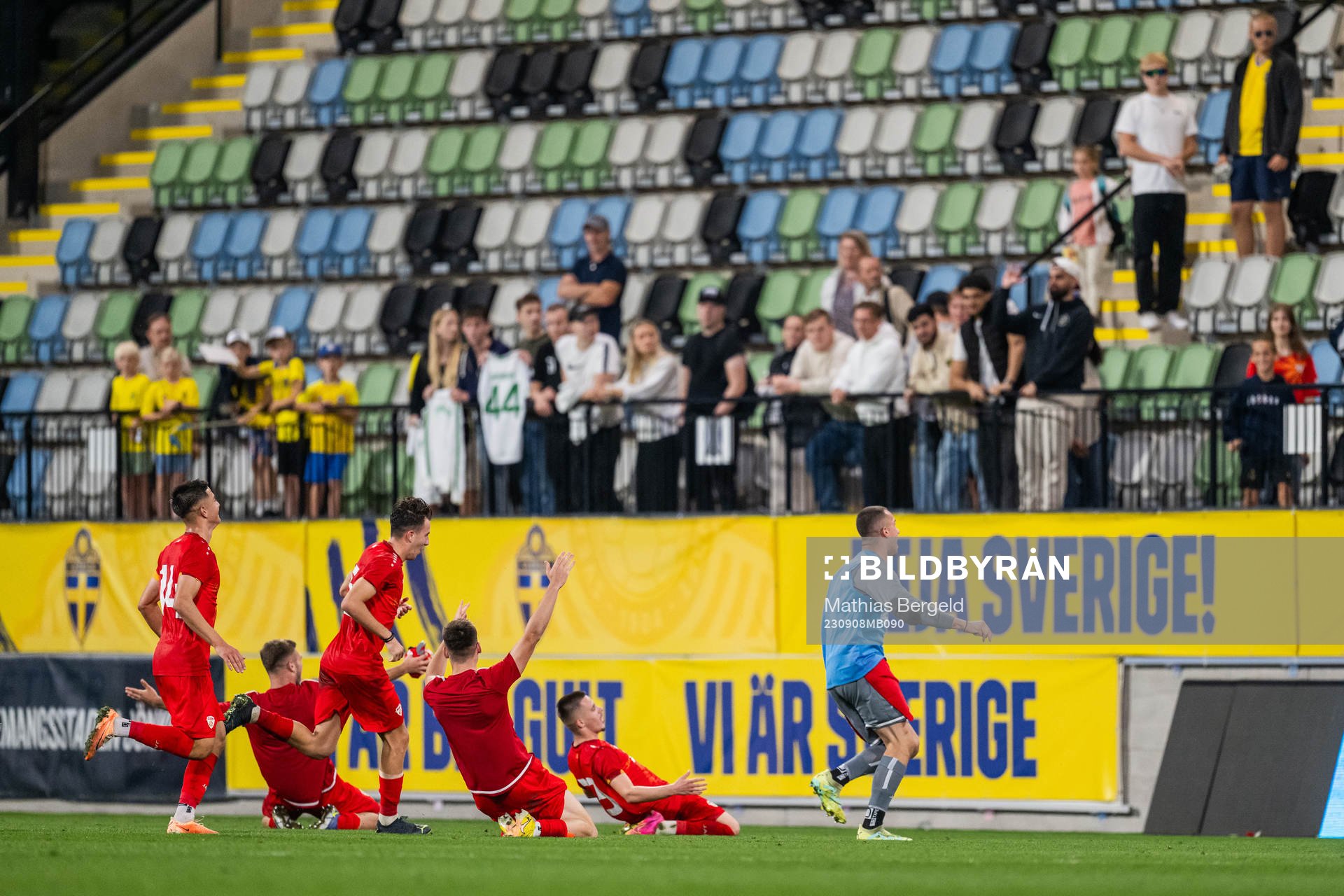 Players of North Macedonia celebrate after the UEFA European Under-21 Qualifier football match between Sweden and North Macedonia on September 8, 2023 in Jönköping.